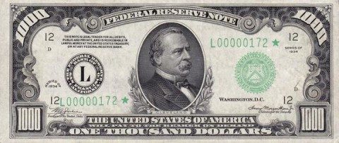 EINE 1000-DOLLAR BANKNOTE AUS DEM JAHR 1934 MIT GROVER CLEVELAND. BILDQUELLE: U.S. TREASURY, VIA WIKIMEDIA COMMONS