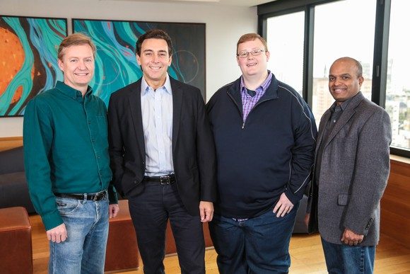 Argo AI CEO Peter Render (links), Ford CEO Mark Fields, Argo AI CEO Brian Salesky und Ford CTO Raj Nair Bildquelle: Ford Model Company