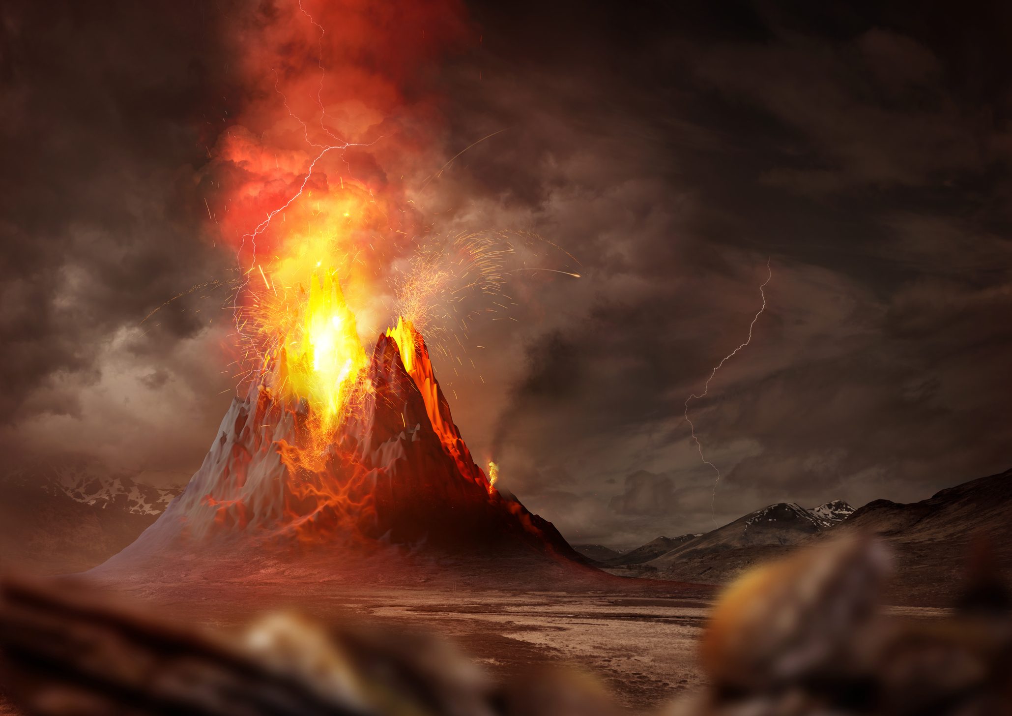 Geothermie-Aktien: Massive Volcano Eruption. A large volcano erupting hot lava and gases into the atmosphere. 3D Illustration.