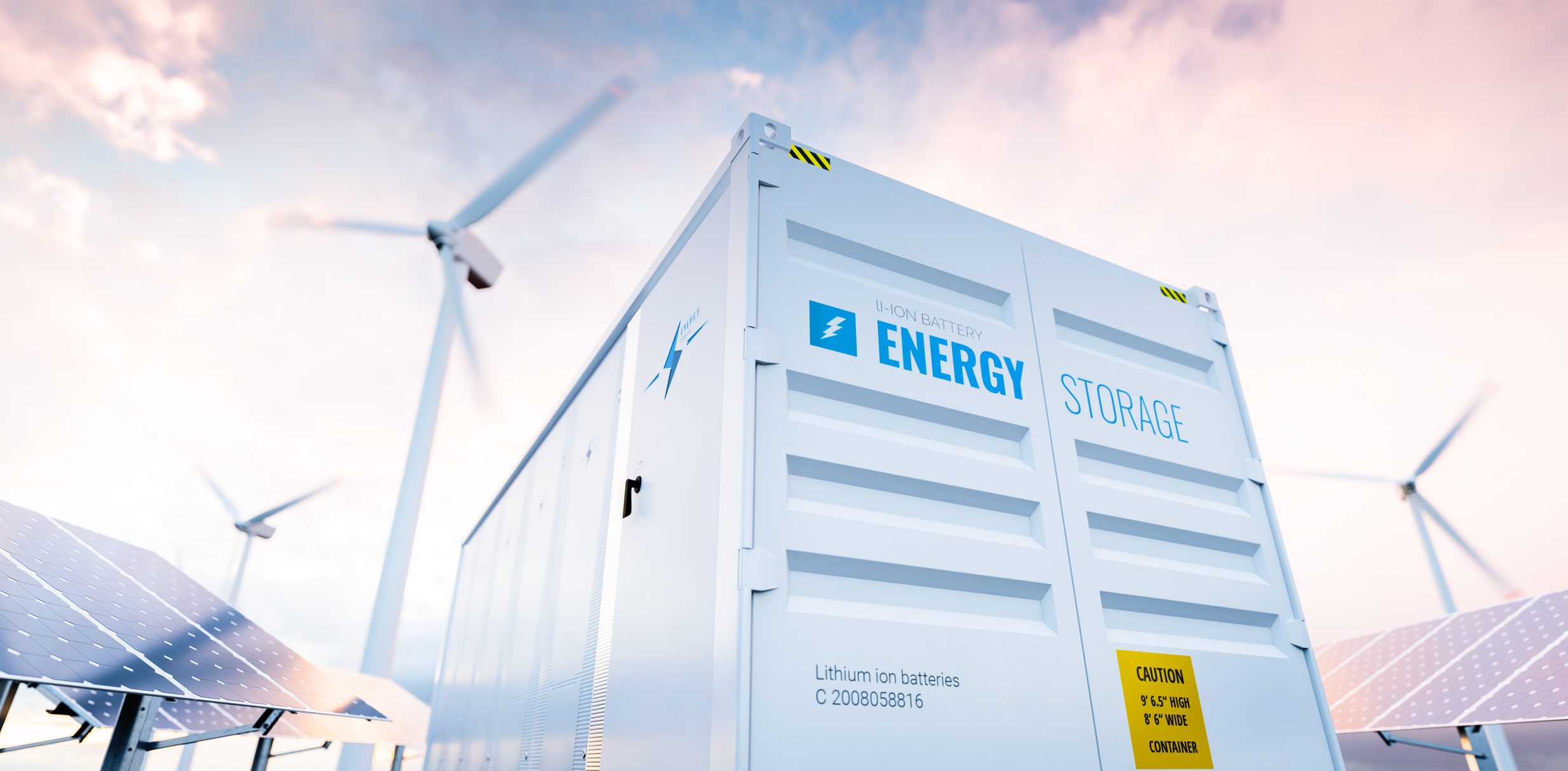 Energiespeicher Batteriepack vor Windenergie und Solarenergie