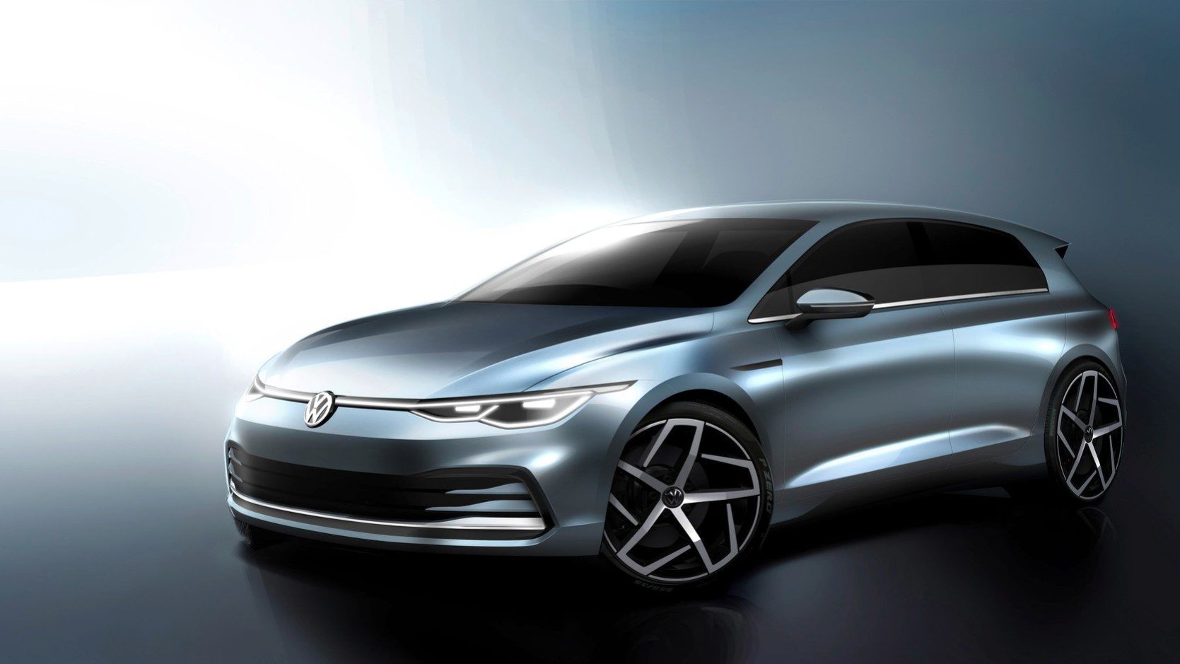 Designskizze des neuen Volkswagen Golf in Grau- und Silbertönen