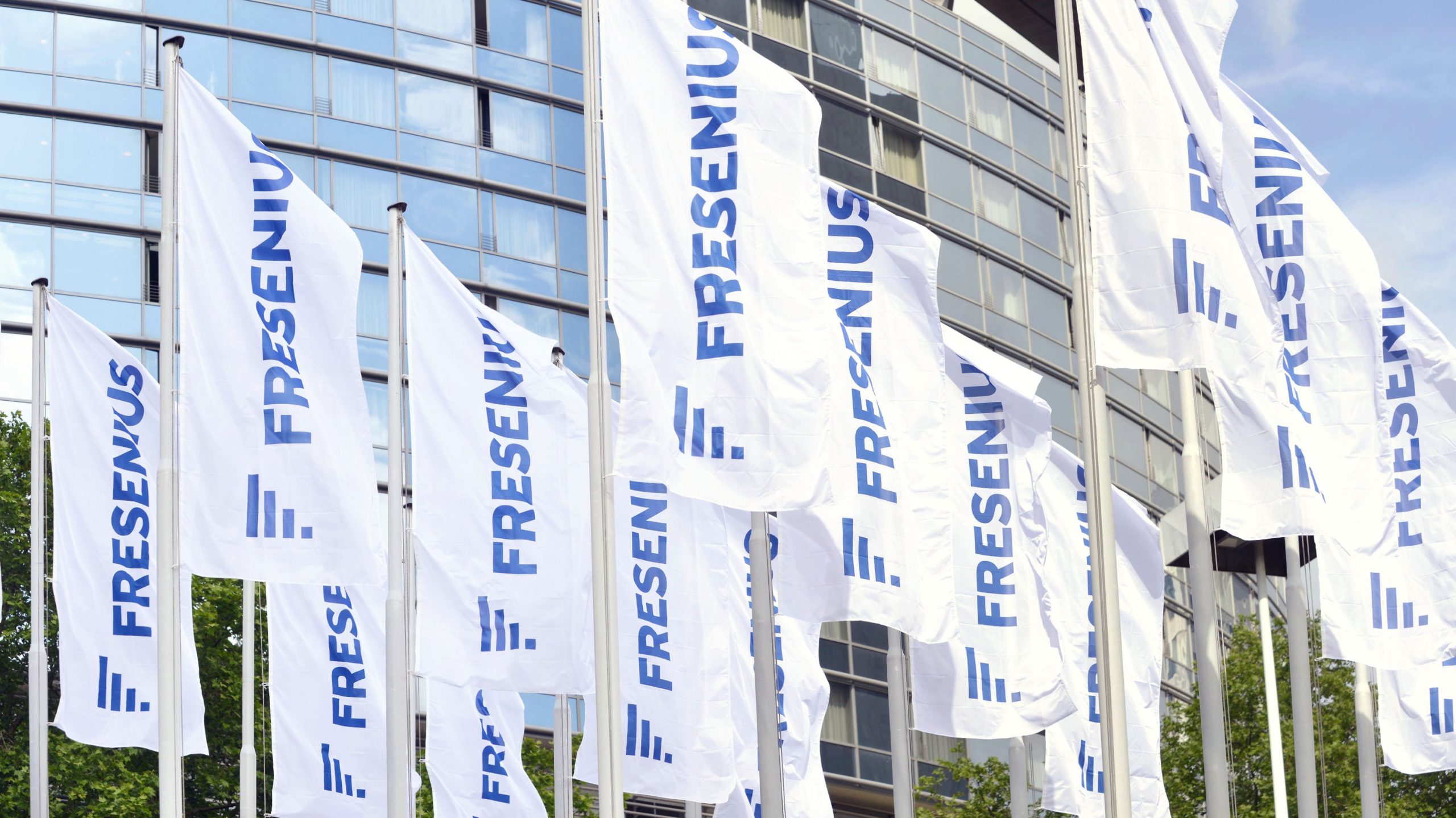 Fresenius Flaggen wehen im Wind vor der Hauptversammlung.