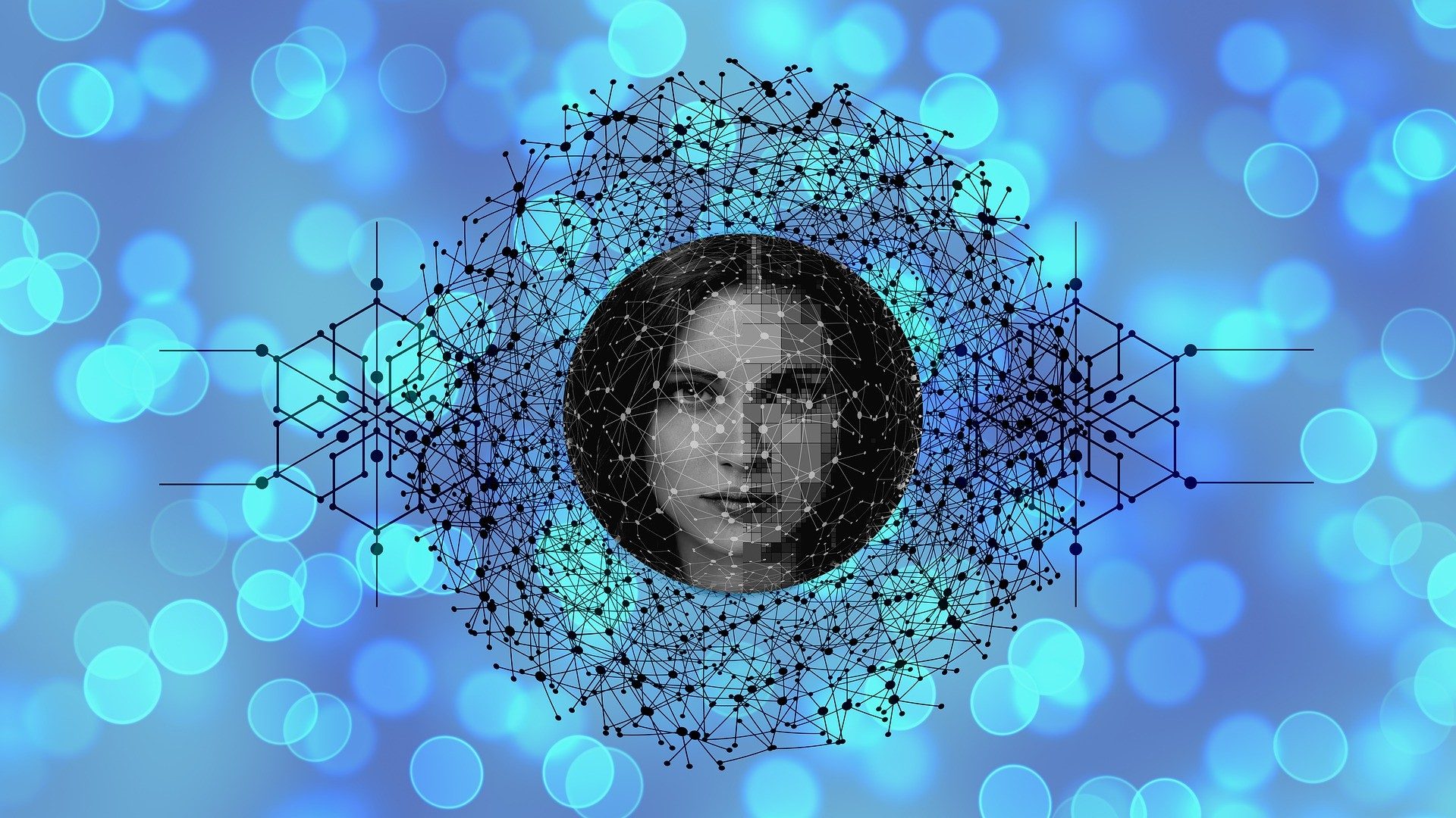 Eine Frau wird in der Mitte eines Netzwerks kryptisch dargestellt