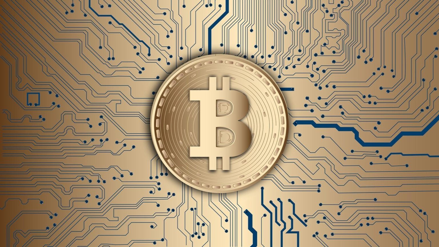 Eine goldene Bitcoinmünze mit dem Bitcoinlogo auf einer goldenen Grafikkarte.