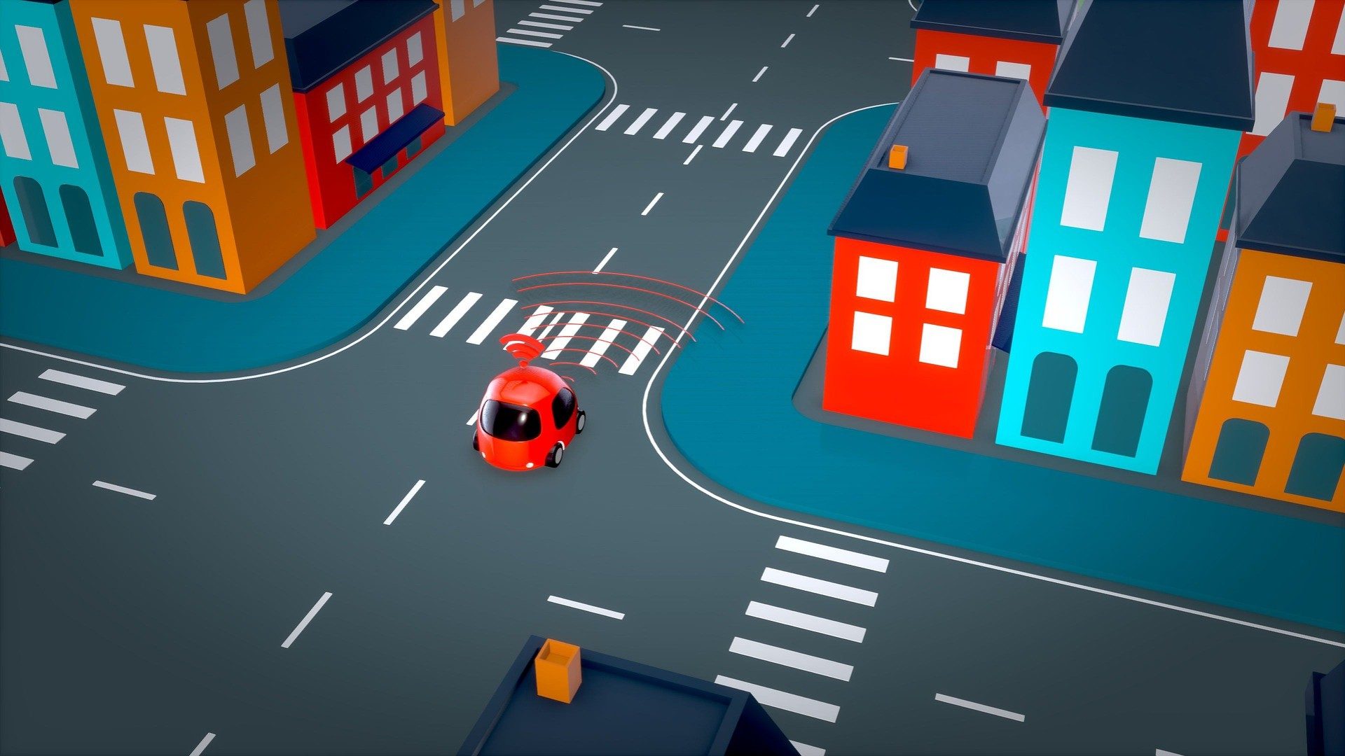 Eine Illustration eines autonom selbstfahrenden Autos in einer Stadt