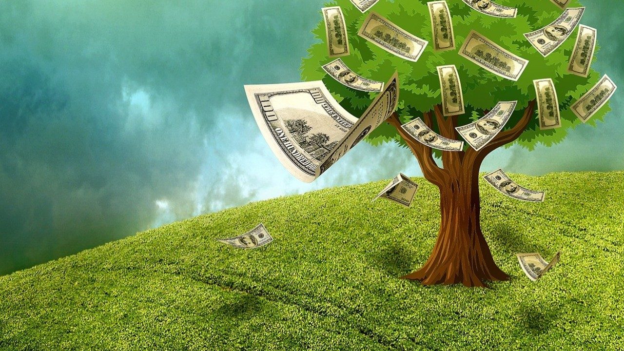 Ein Geldschein-Baum steht auf einer grünen Wiese