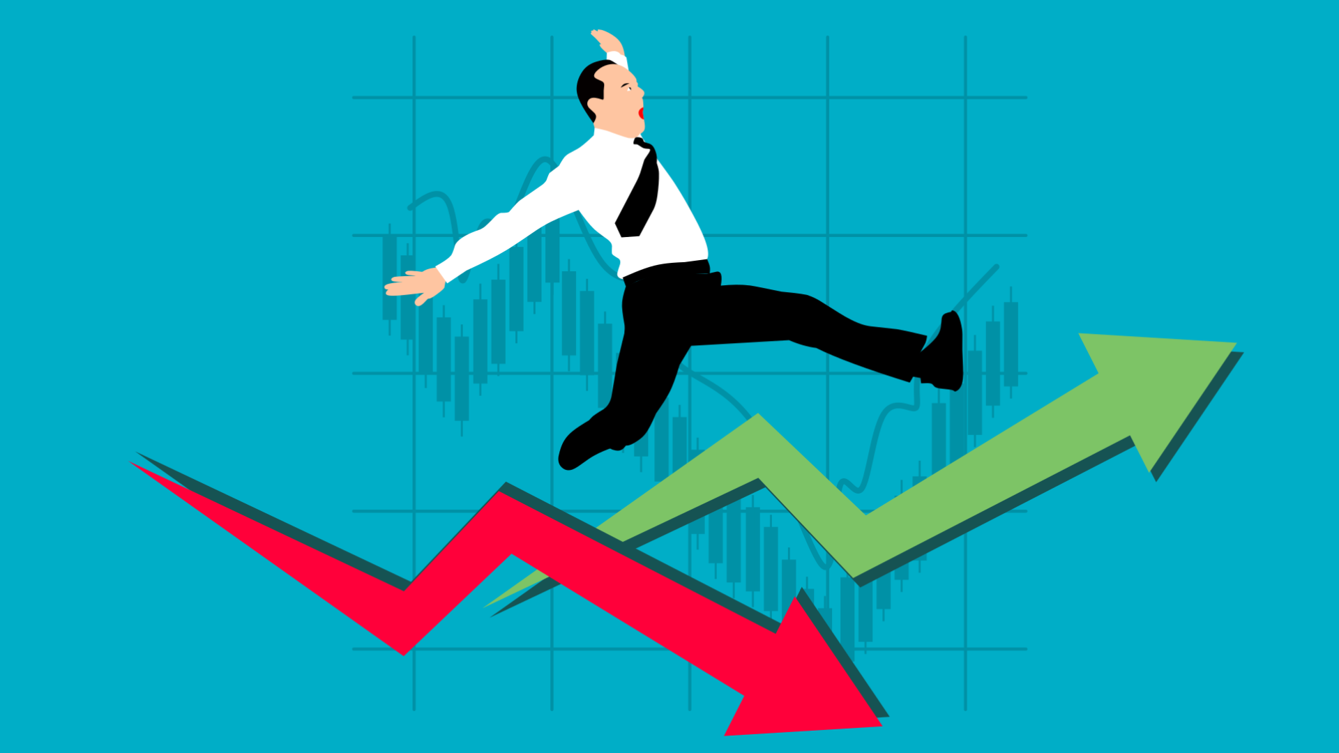 Illustration eines Geschäftsmanns, der über einen roten und einen grünen Aktienkurs-Pfeil springt
