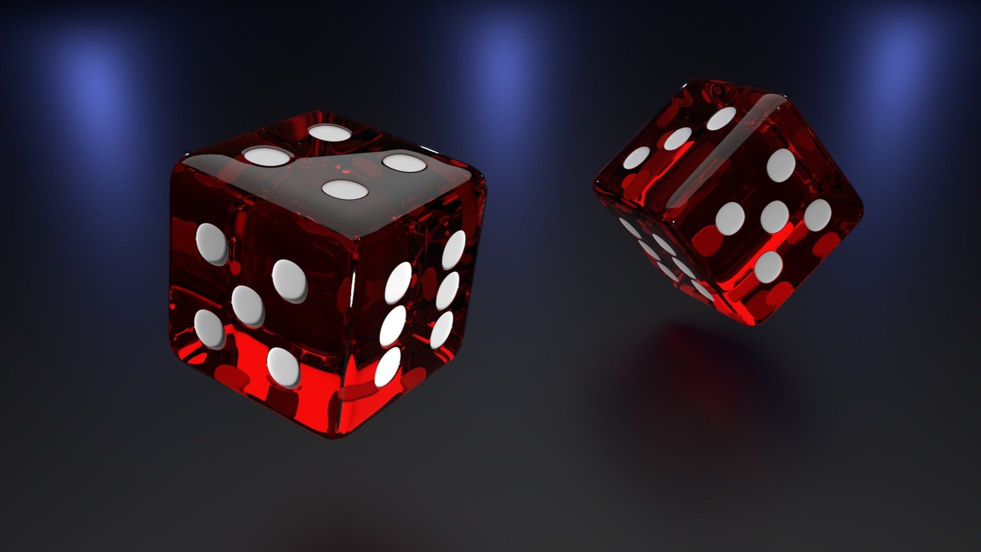 zwei rote Casinowürfel fallen auf einen dunklen Tisch