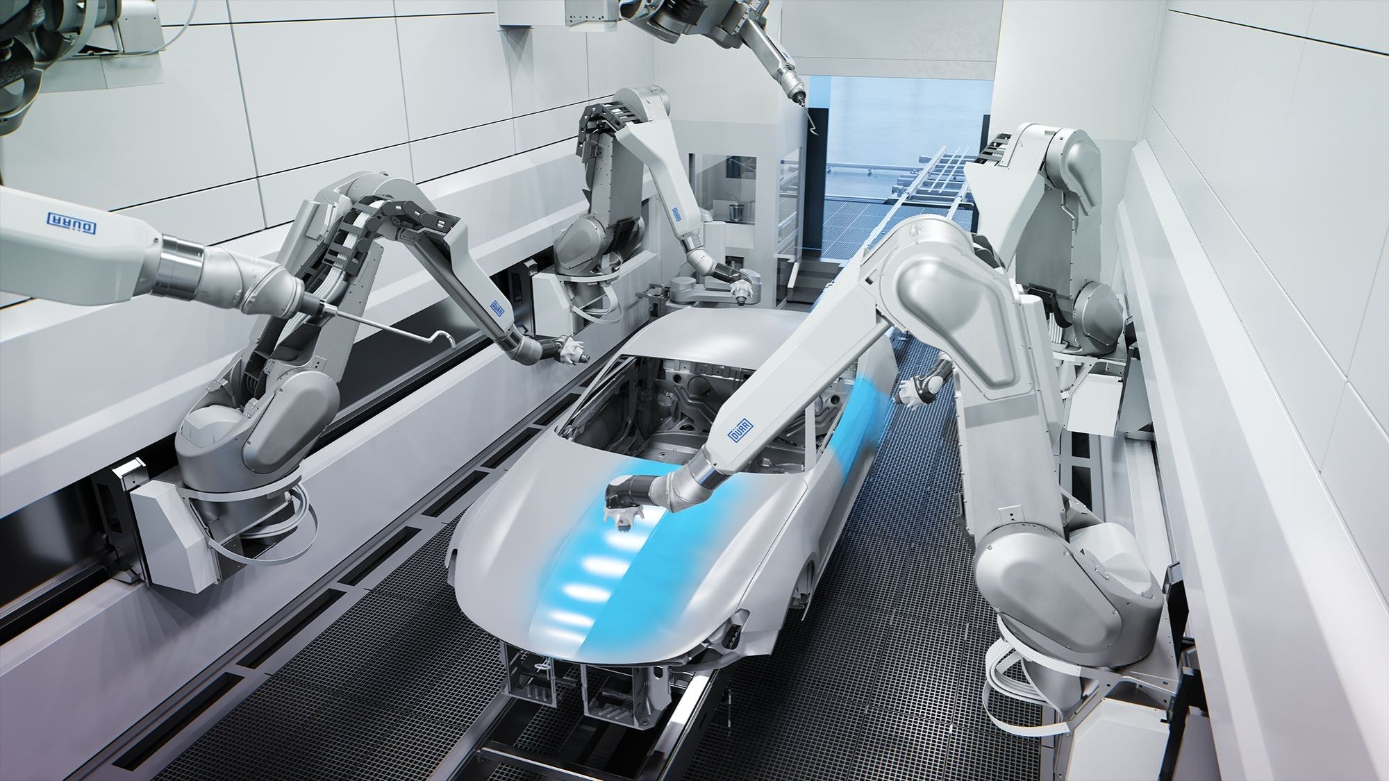Ein Auto wird im EcoProBooth von Dürr cyanblau lackiert
