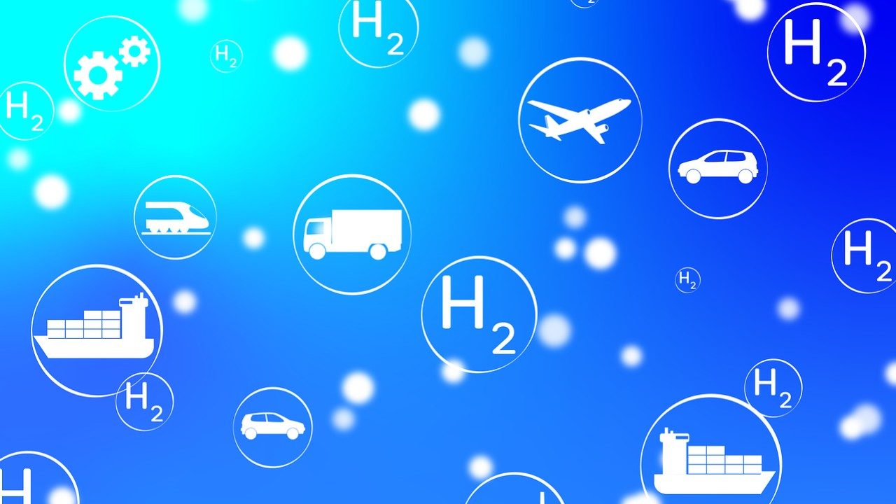 Das Bild zeigt Wasserstoff und LKWs, Flugzeug, Bahn und Schiffe als Netzwerk.