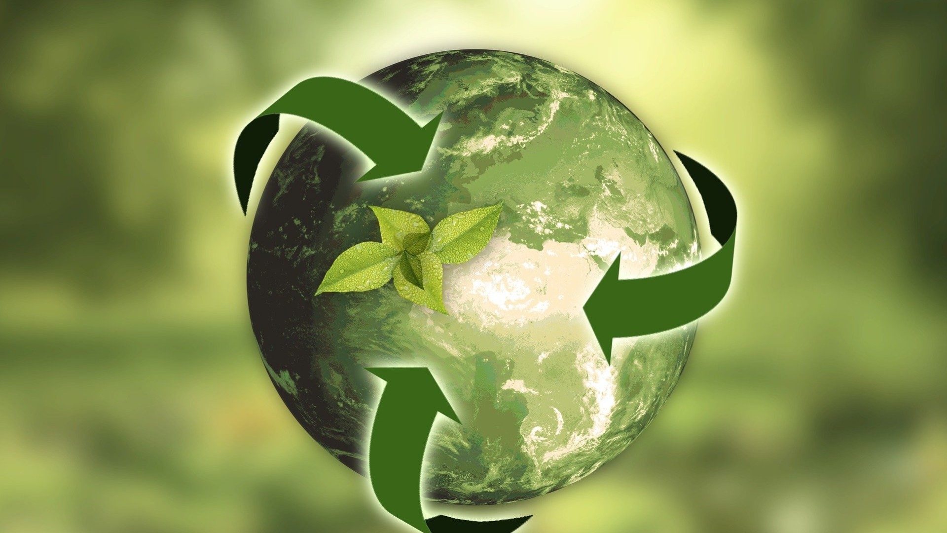 Eine grün eingefärbte Erdkugel mit Pflanzen und Recycling-Symbolen