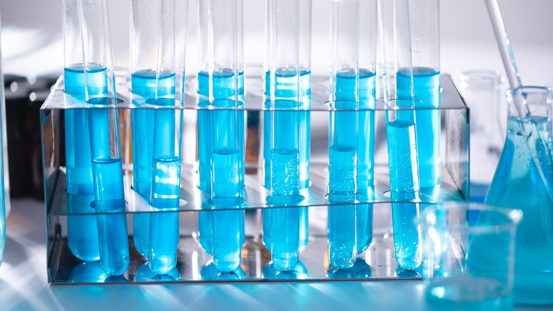 In einem Labor stehen Reagenzgläser mit cyanblauer Flüssigkeit