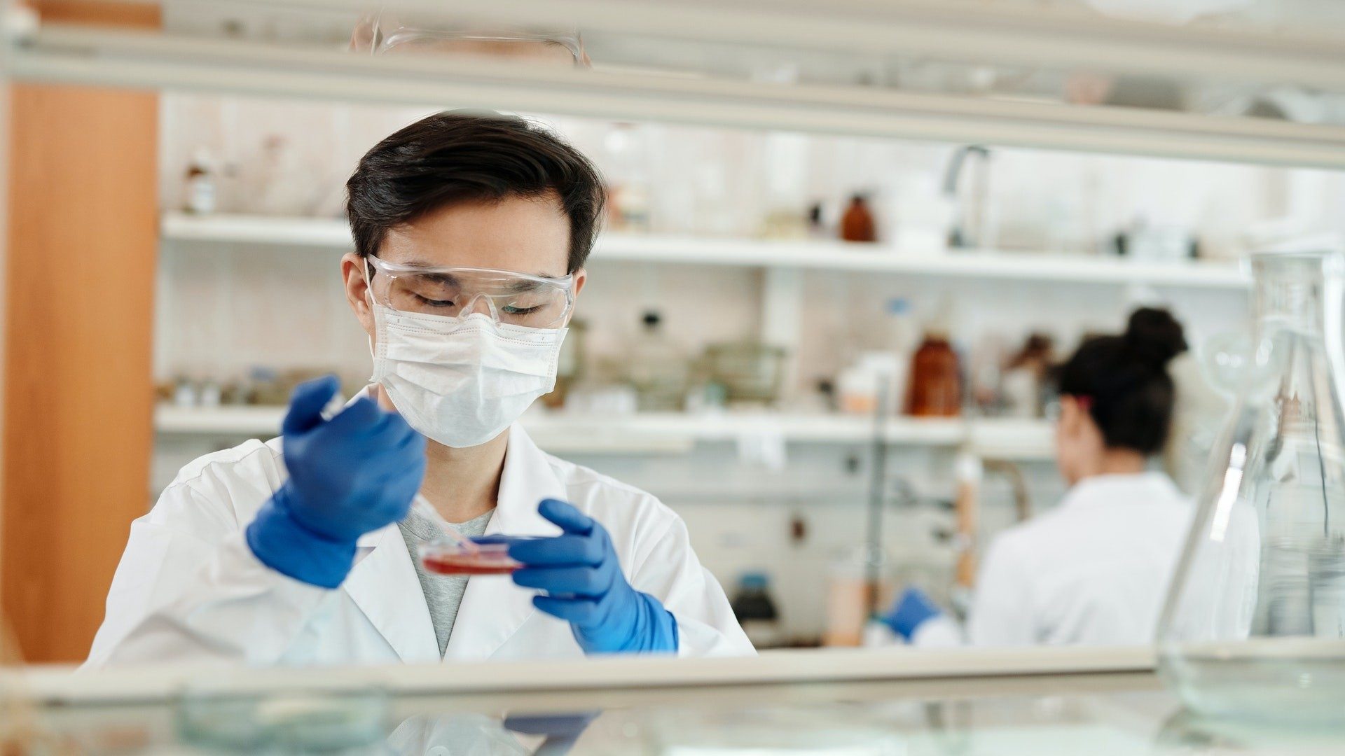 Ein Mann mit Maske im Labor untersucht eine Probe in einer Petrischale