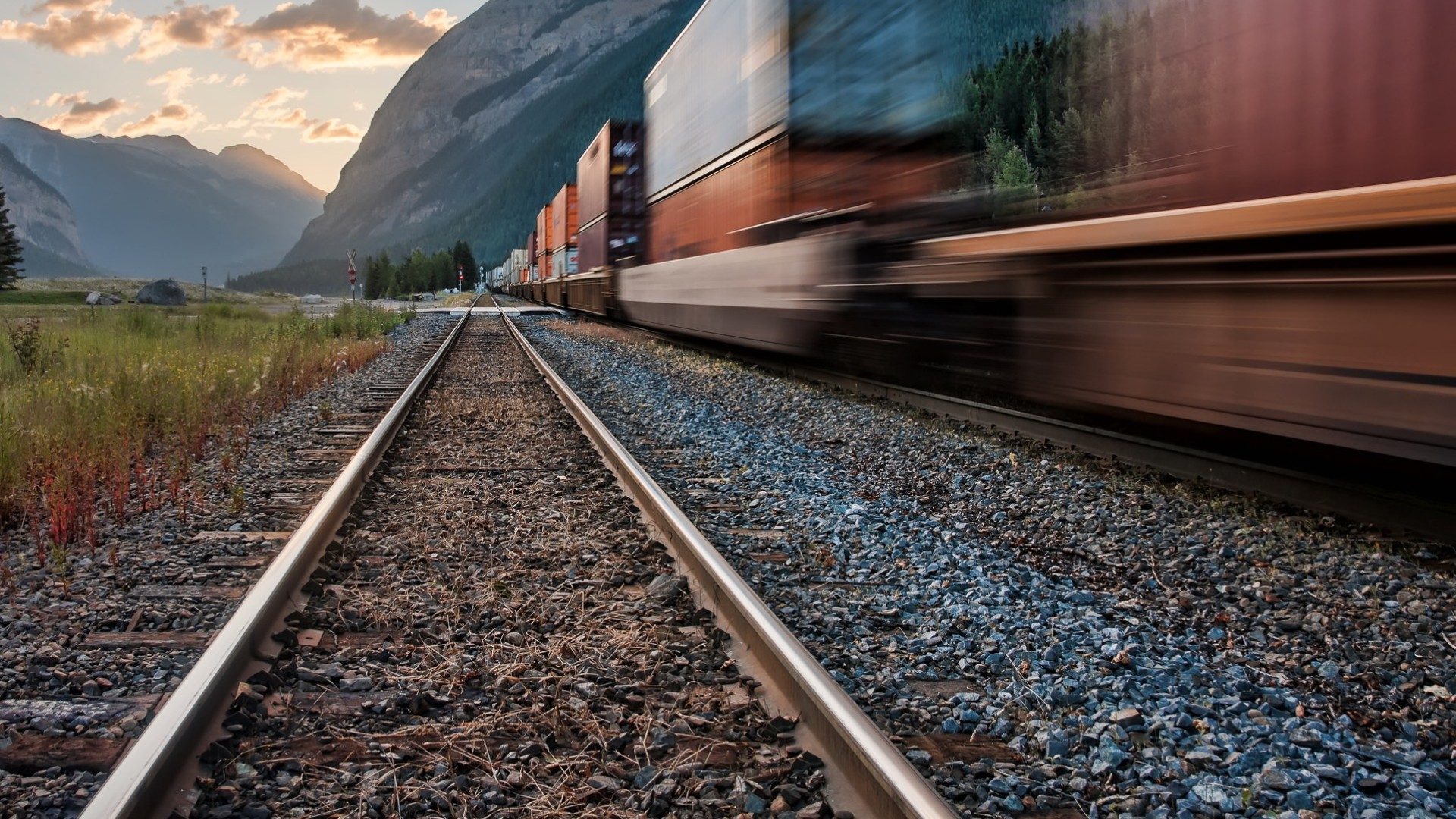 Ein Güterzug mit Containern fährt auf Schienen durch ein Tal
