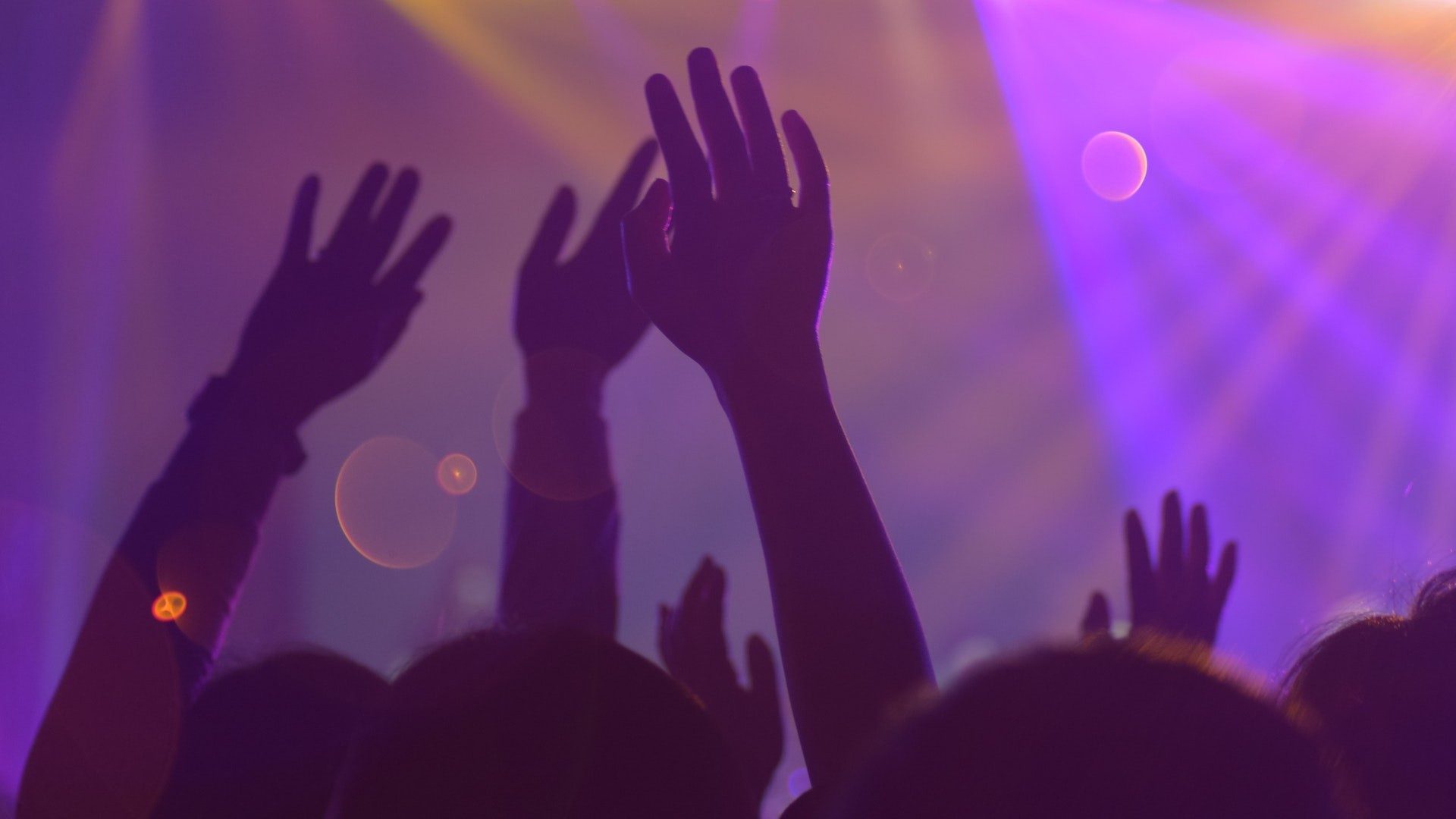 Hoch die Hände: Menschen feiern auf einem Konzert mit Lichtshow