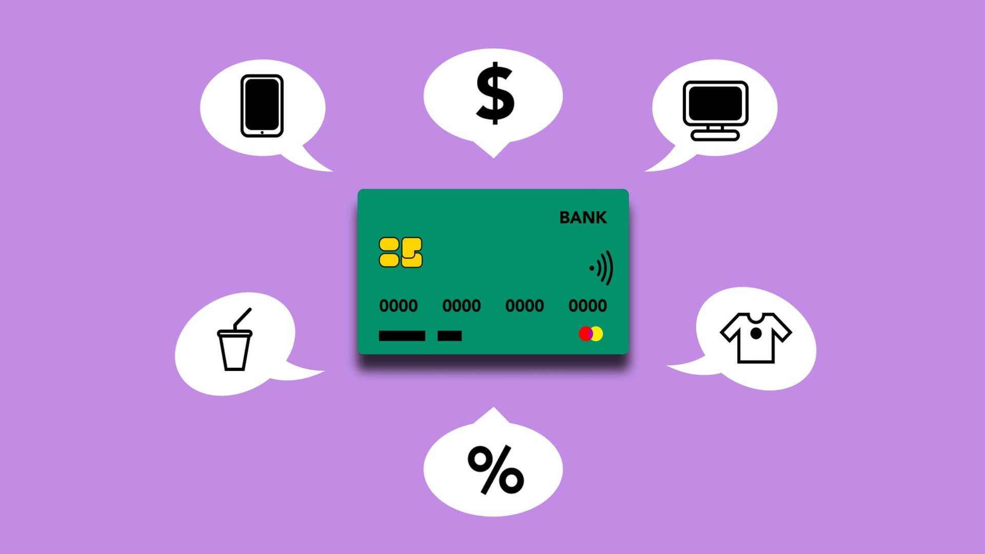Illustration einer Kreditkarte und Einkaufsmöglichkeiten im stationären und Onlinehandel