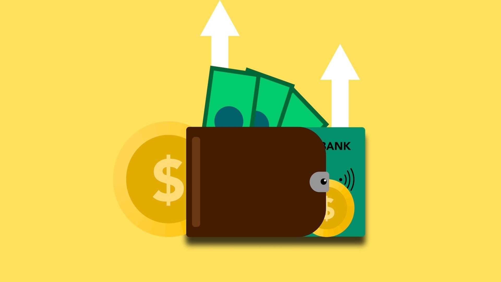 Illustration einer Geldbörse, Münzen, Banknoten und einer Kreditkarte mit einem aufwärts zeigenden Pfeil