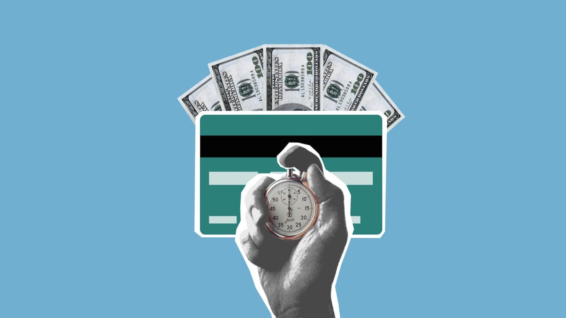 Zeit ist Geld: Illustration einer Hand mit Stoppuhr, einer Kreditkarte und Banknoten