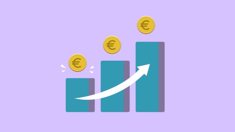 Illustration von Geldmünzen über aufwärts zeigenden Balken und einem positiven Trendpfeil