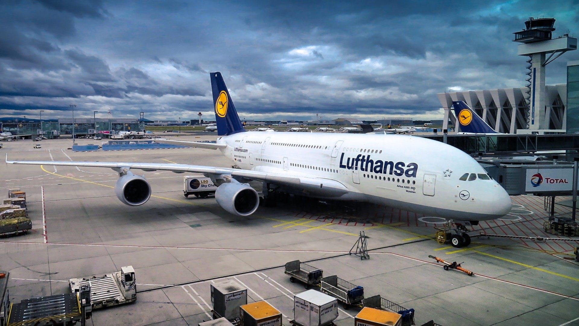 Das Bild zeigt ein Terminal am Flughafen an dem gerade ein Flugzeug der Lufthansa entladen wird.