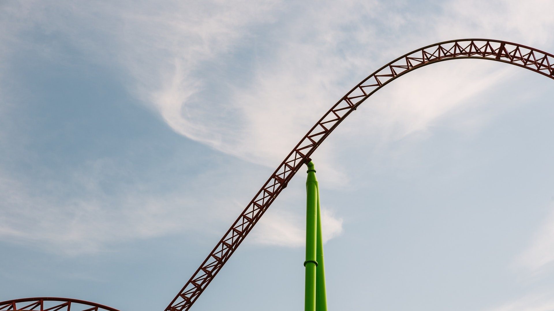 Ein Achterbahnstrecke vor dem blauen Himmel.