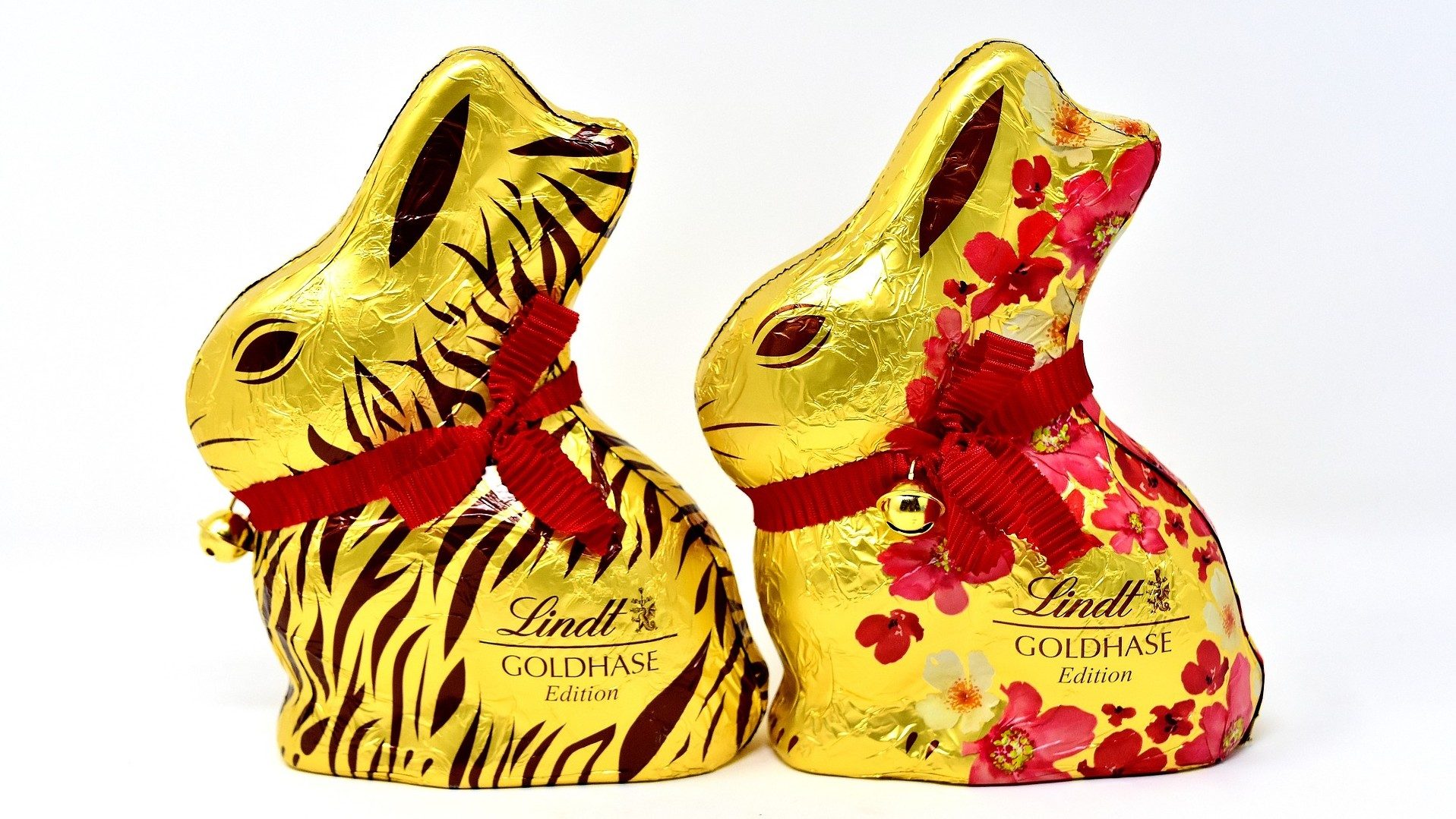 Zwei Lindt-Goldhasen, in der typischen goldenen Verpackung mit Glöckchen