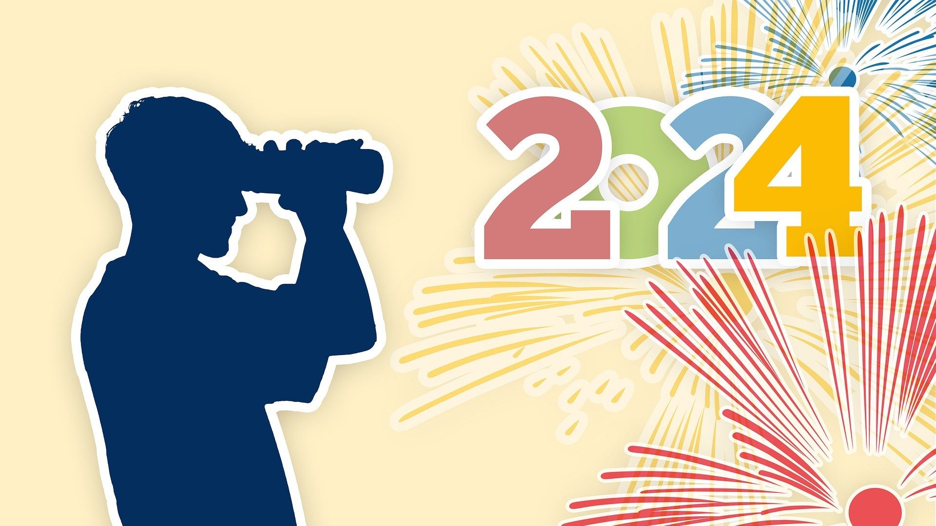 Illustration einer Person, die durch ein Fernrohr auf den Schriftzug "2024" und Feuerwerk blickt