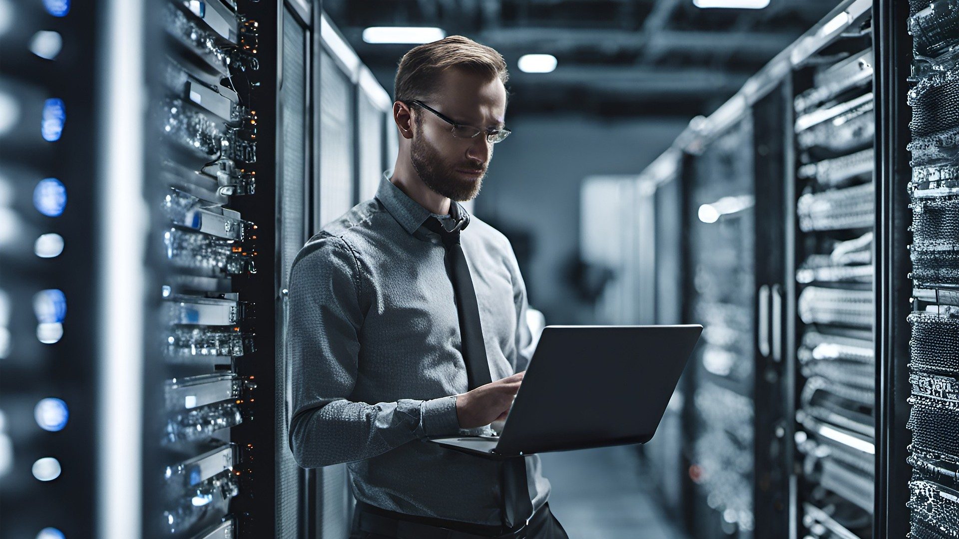 Ein IT-Spezialist steht mit einem Laptop in der Hand in einem Rechenzentrum voller Server