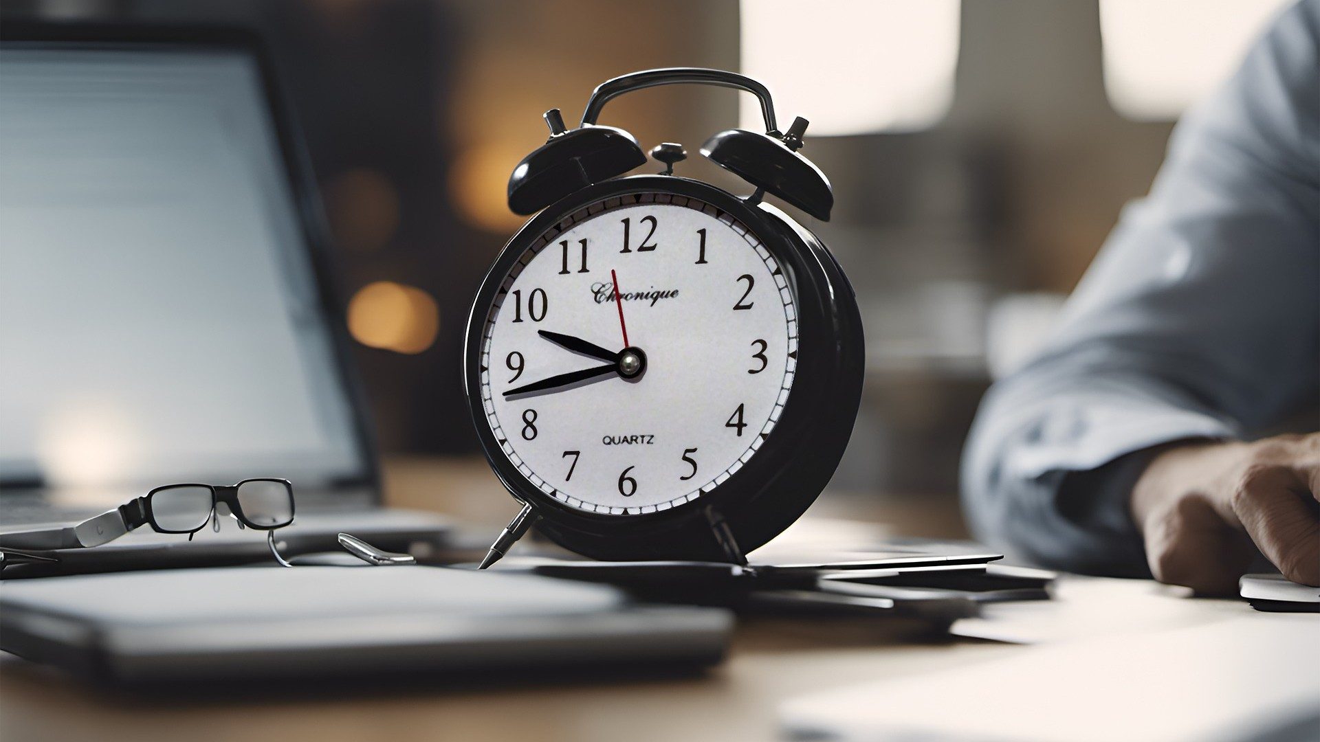 Ein Wecker in Nahaufnahme auf einem Tisch, an dem eine Person arbeitet