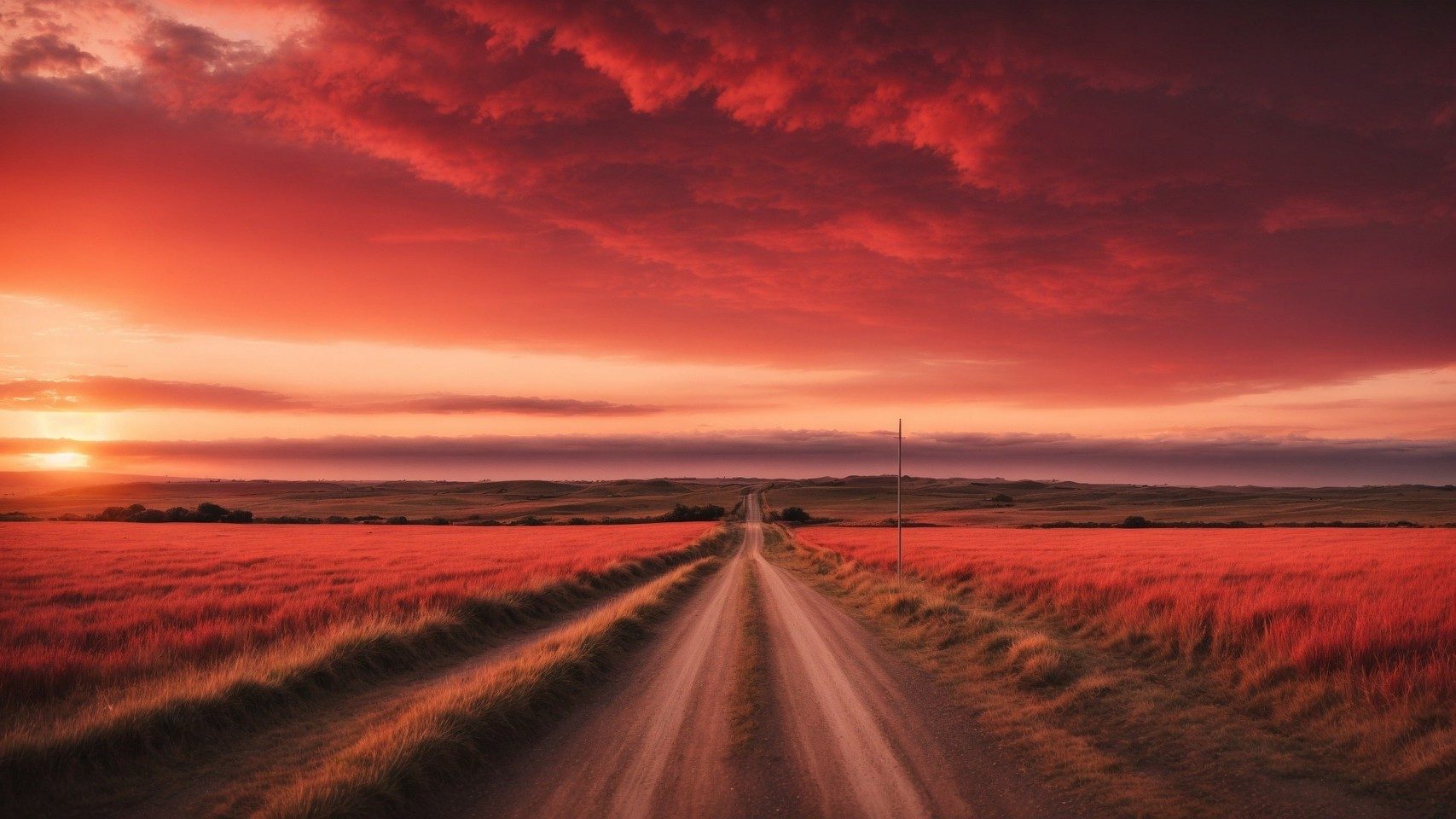 Eine Straße, die durch Wiesen endlos geradeaus führt, im Sonnenuntergang