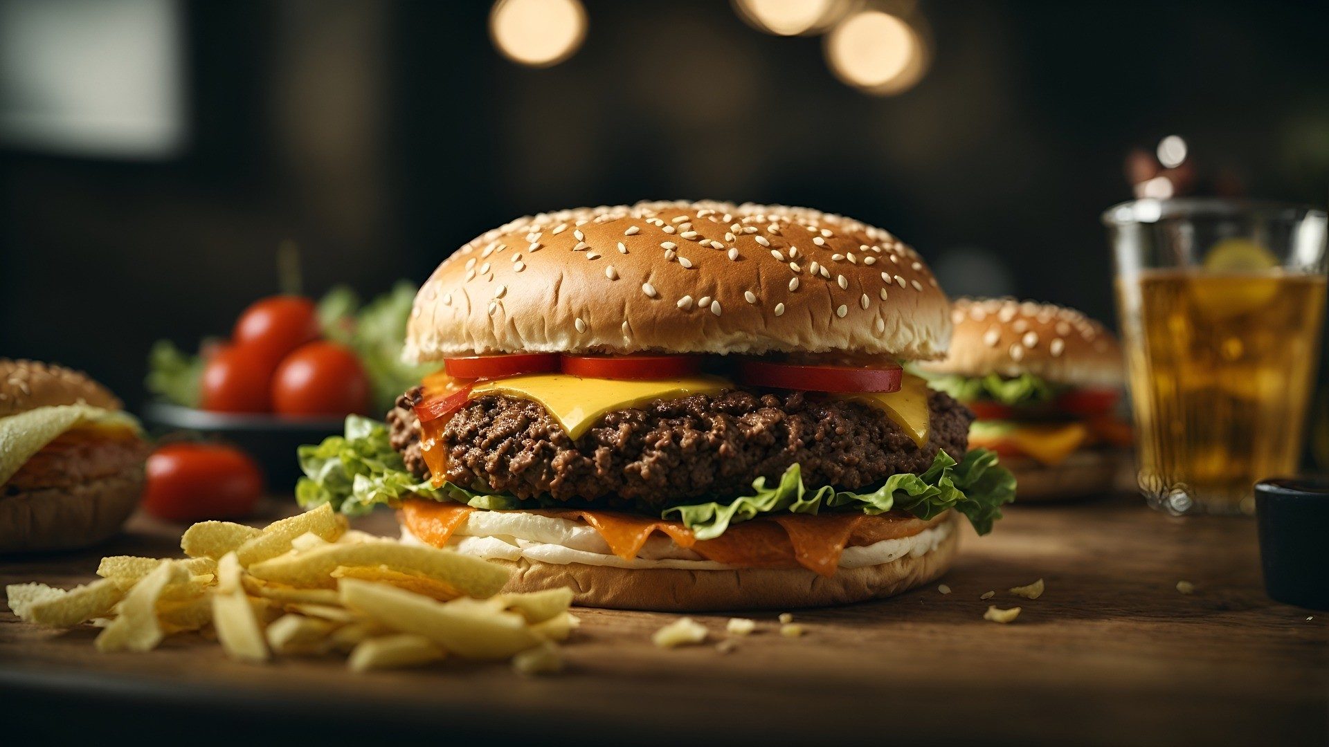 Ein Burger mit Pommes in Nahaufnahme, im Hintergrund ein Getränk