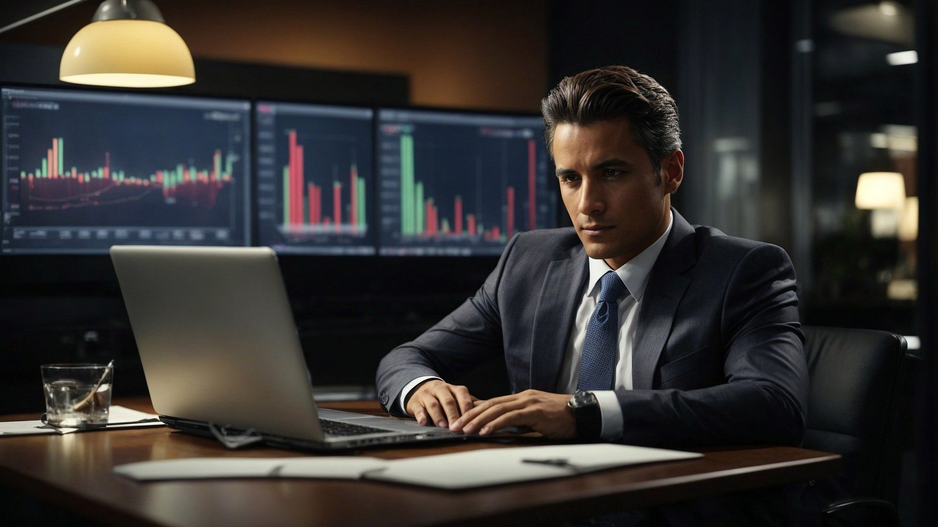 Ein Geschäftsmann sitzt am Laptop und arbeitet, hinter ihm bunte Börsencharts
