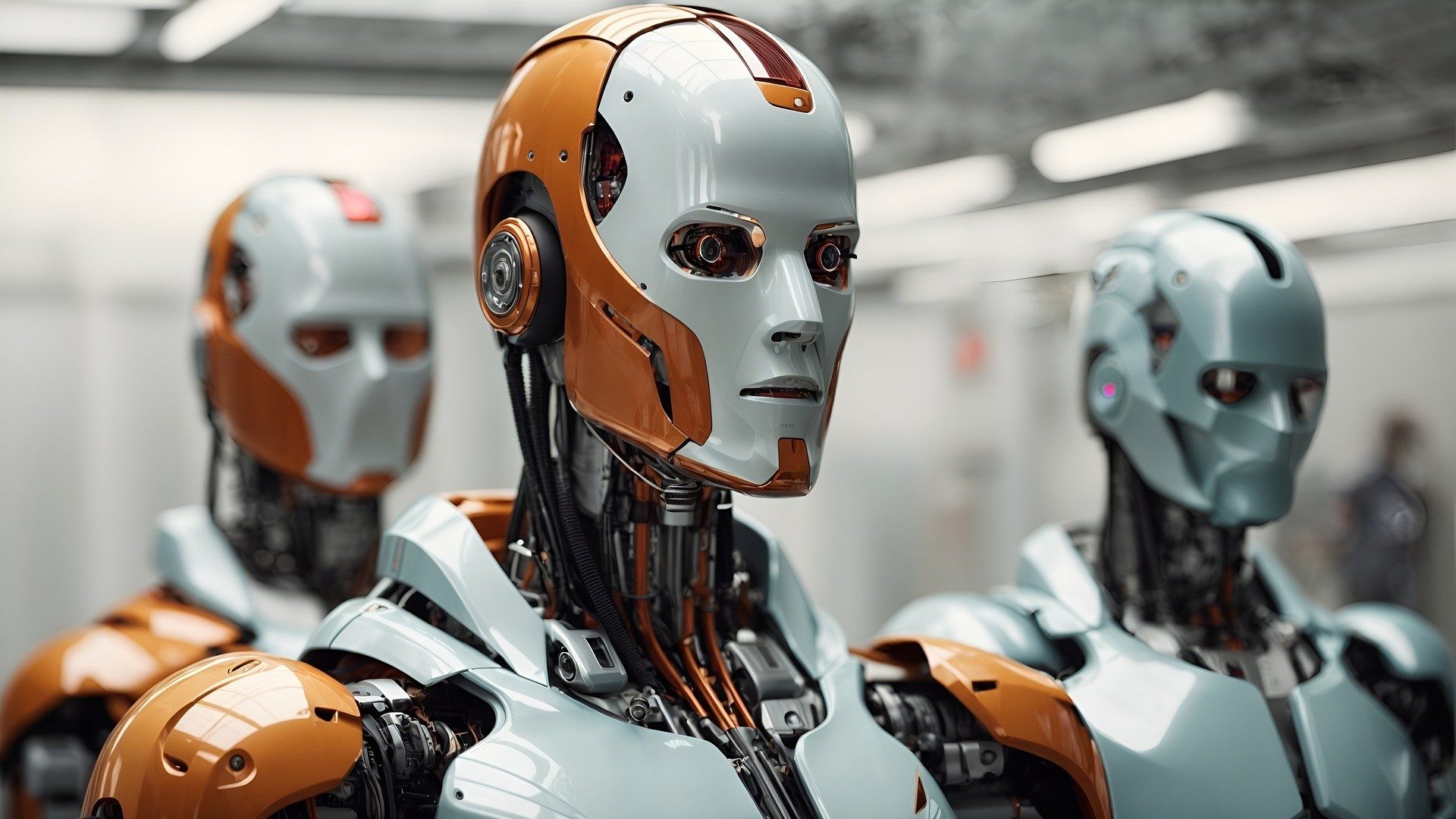 Drei gefährlich aussehende humanoide Roboter im Porträt