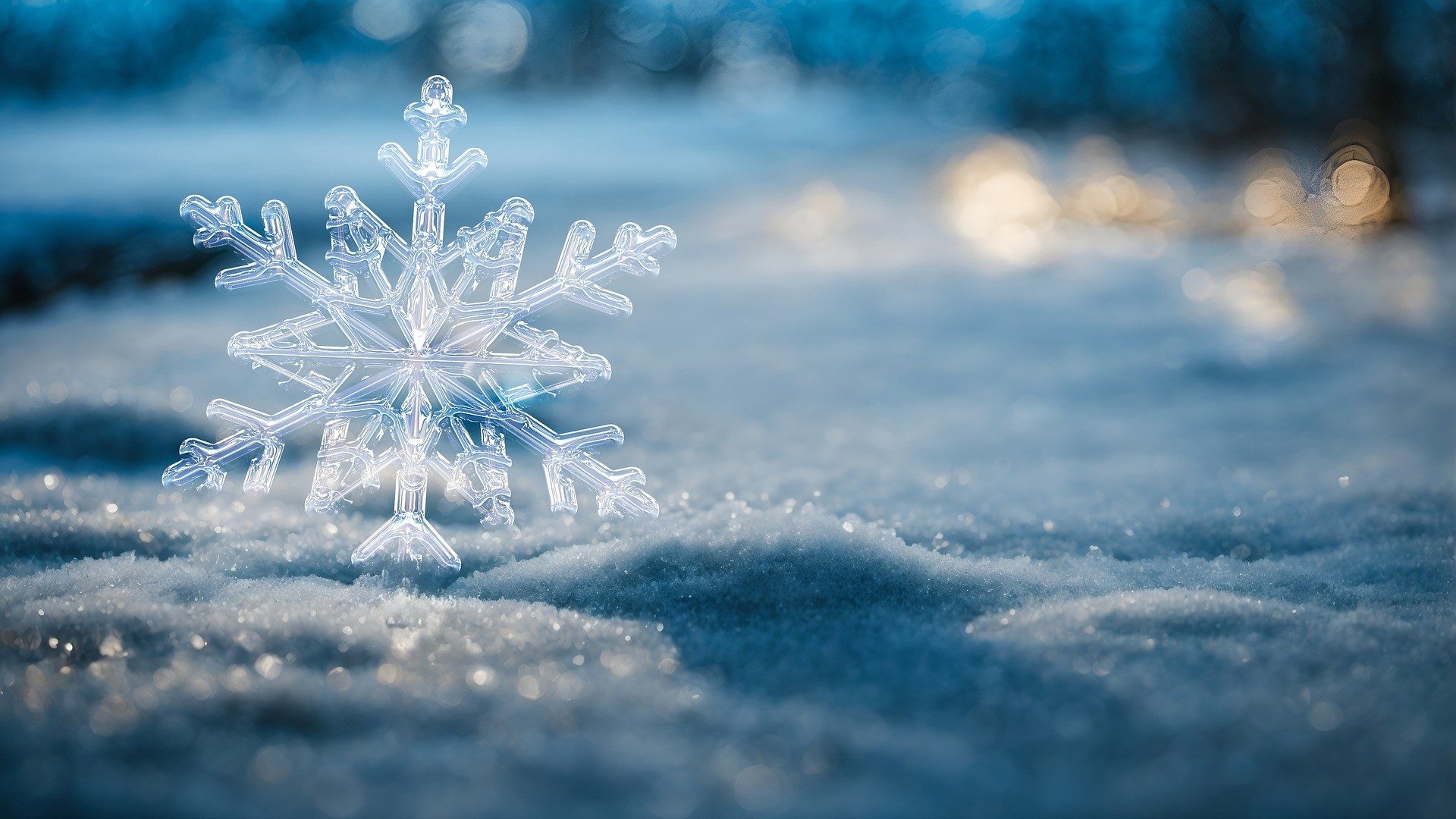 Eine große Schneeflocke vor einer verschneiten Winterlandschaft