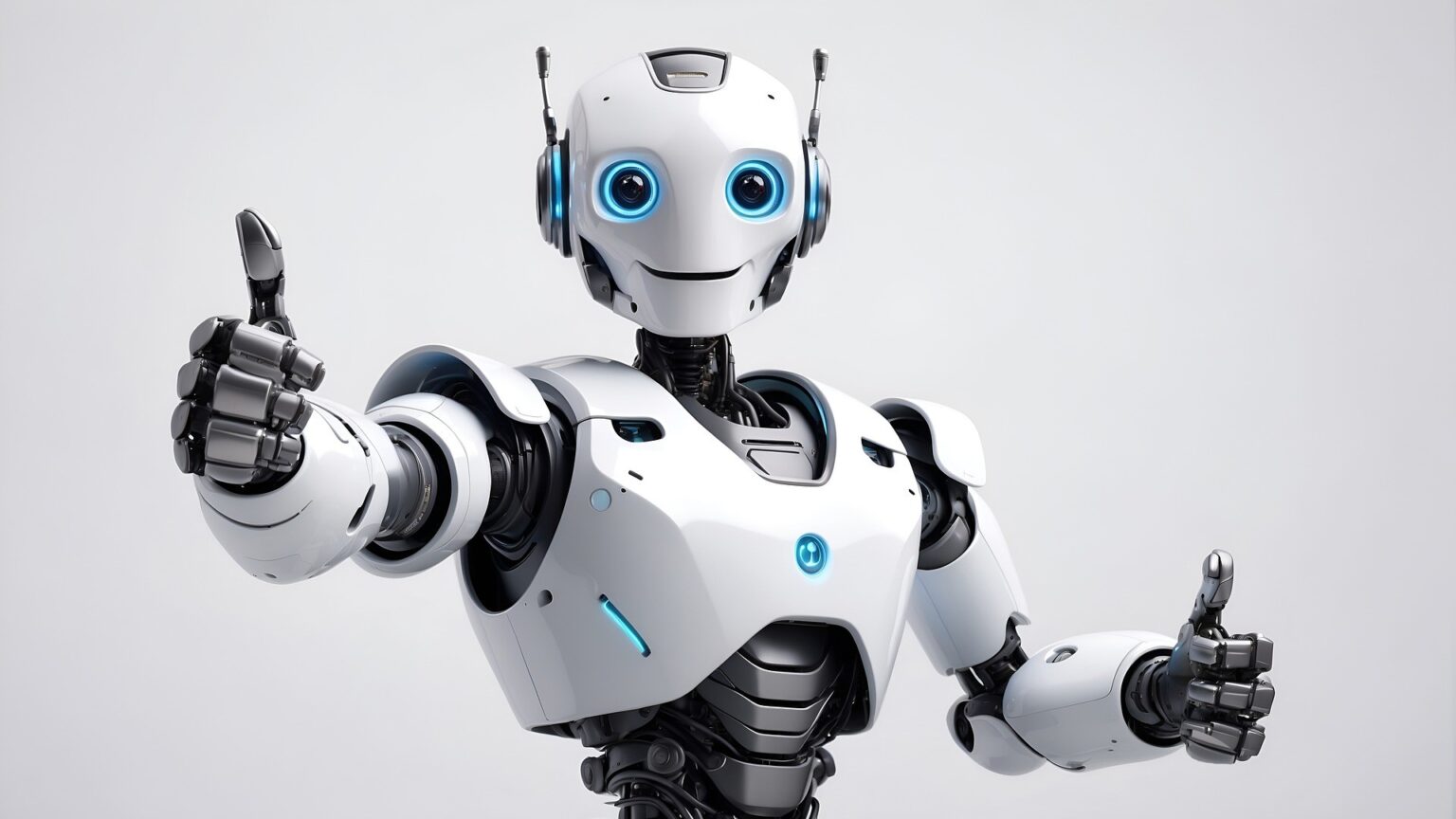 Ein menschlich aussehender Roboter zeigt zwei Daumen hoch und guckt glücklich