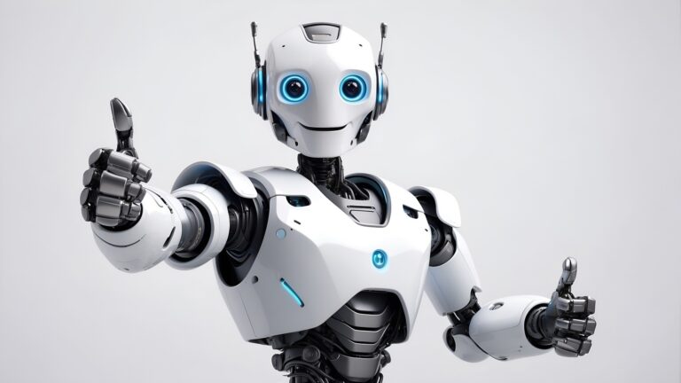 Ein menschlich aussehender Roboter zeigt zwei Daumen hoch und guckt glücklich