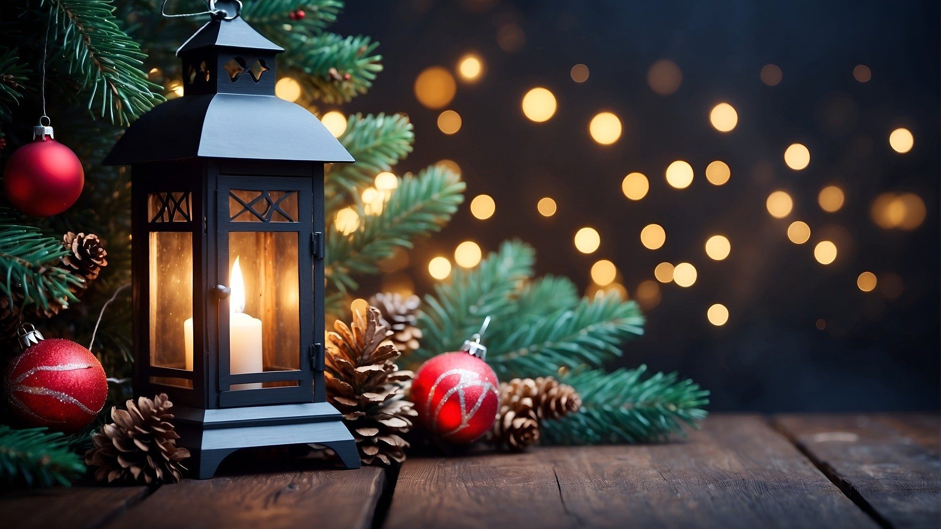 Eine Laterne, Tannenzapfen, rote Christbaumkugeln und Tannenzweige auf einem Holztisch