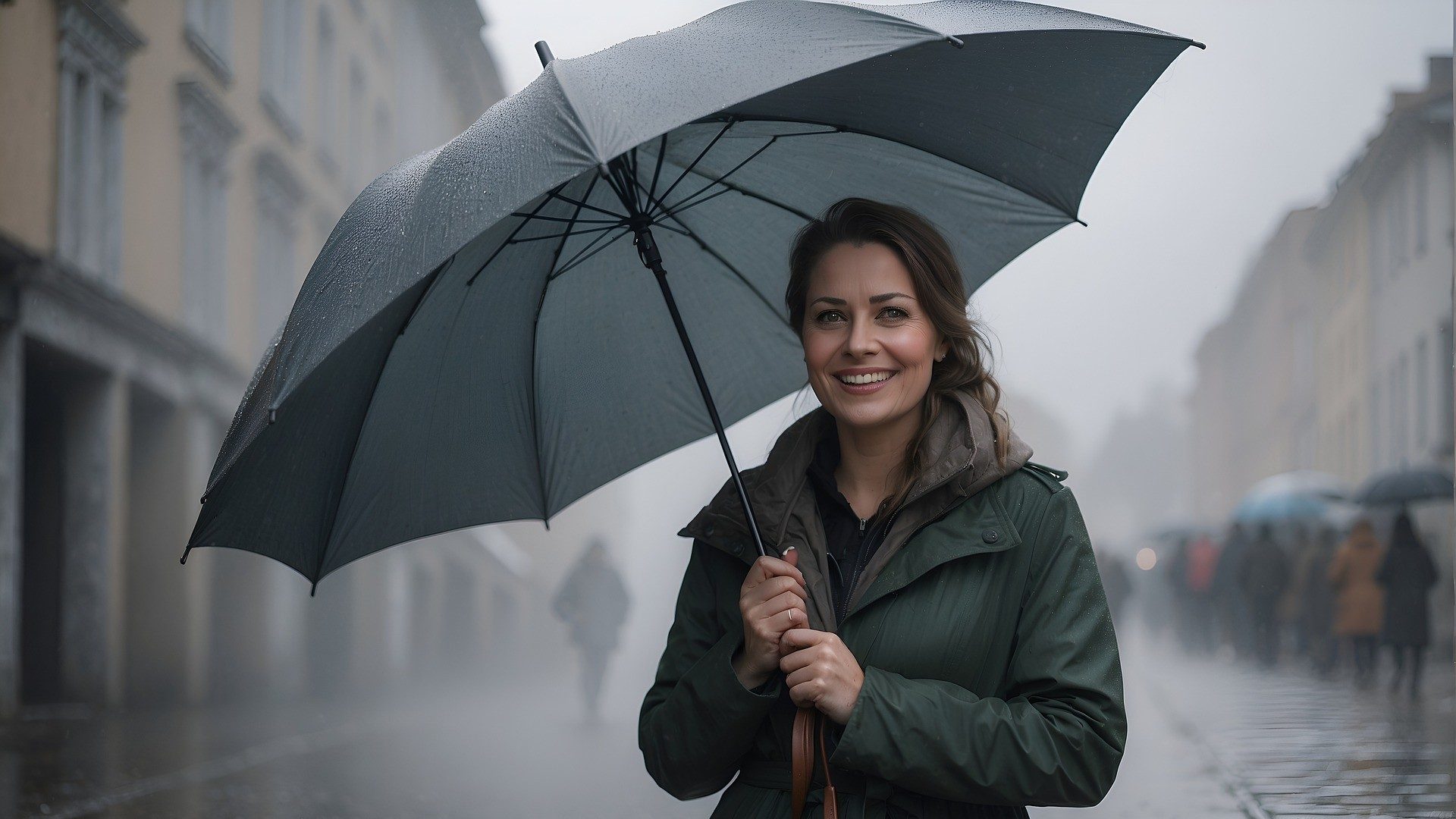 Eine glückliche Frau steht bei nassem Wetter unter einem Regenschirm