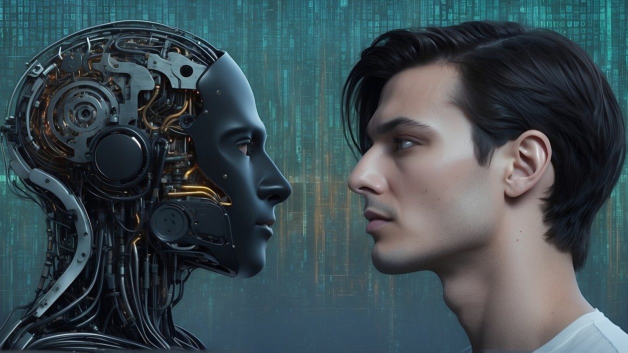 Ein Mann und ein menschlicher Roboter sehen sich gegenseitig an