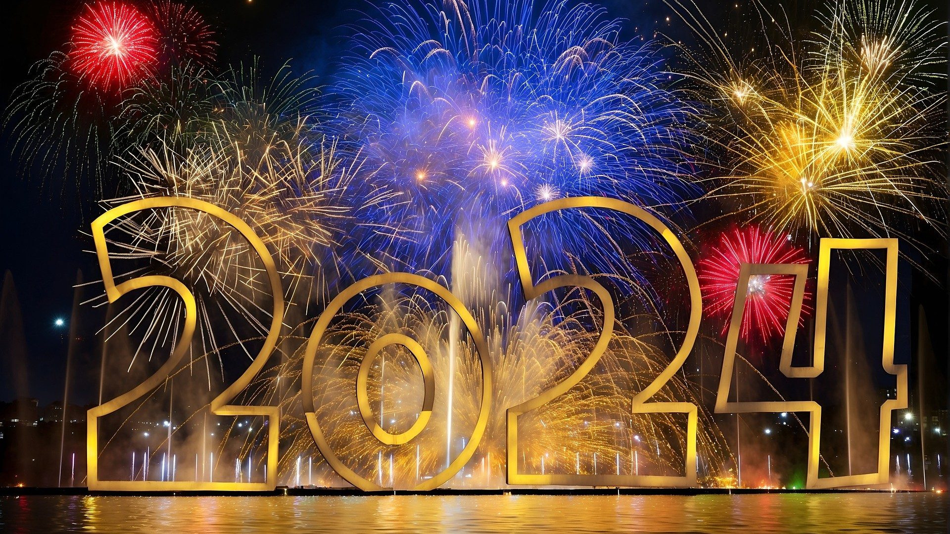 Schriftzug 2024 vor einem beeindruckenden bunten Feuerwerk