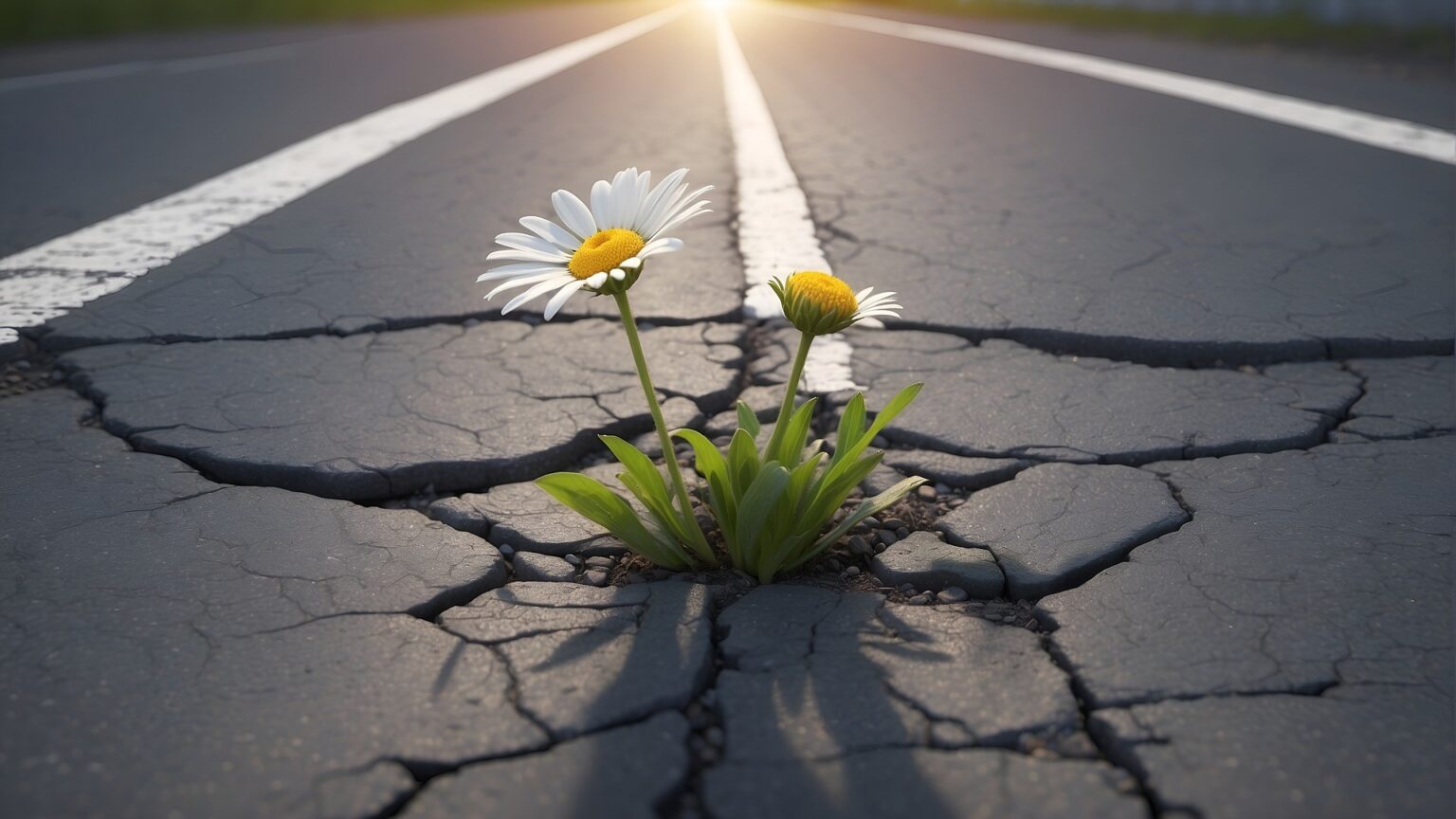 Eine Margerite bricht durch den Asphalt einer alten Straße
