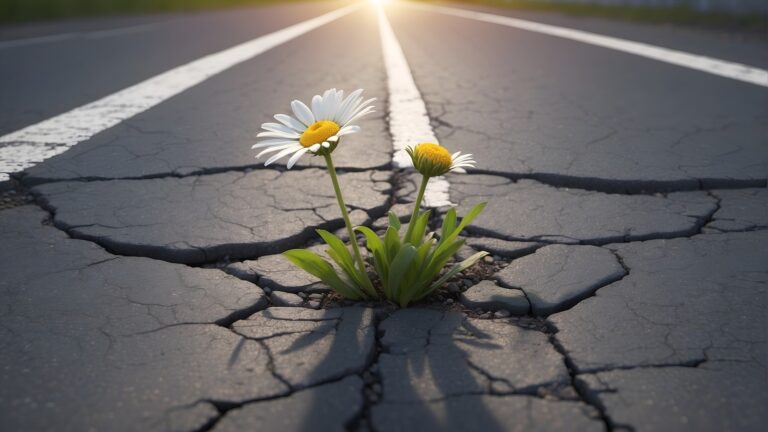 Eine Margerite bricht durch den Asphalt einer alten Straße