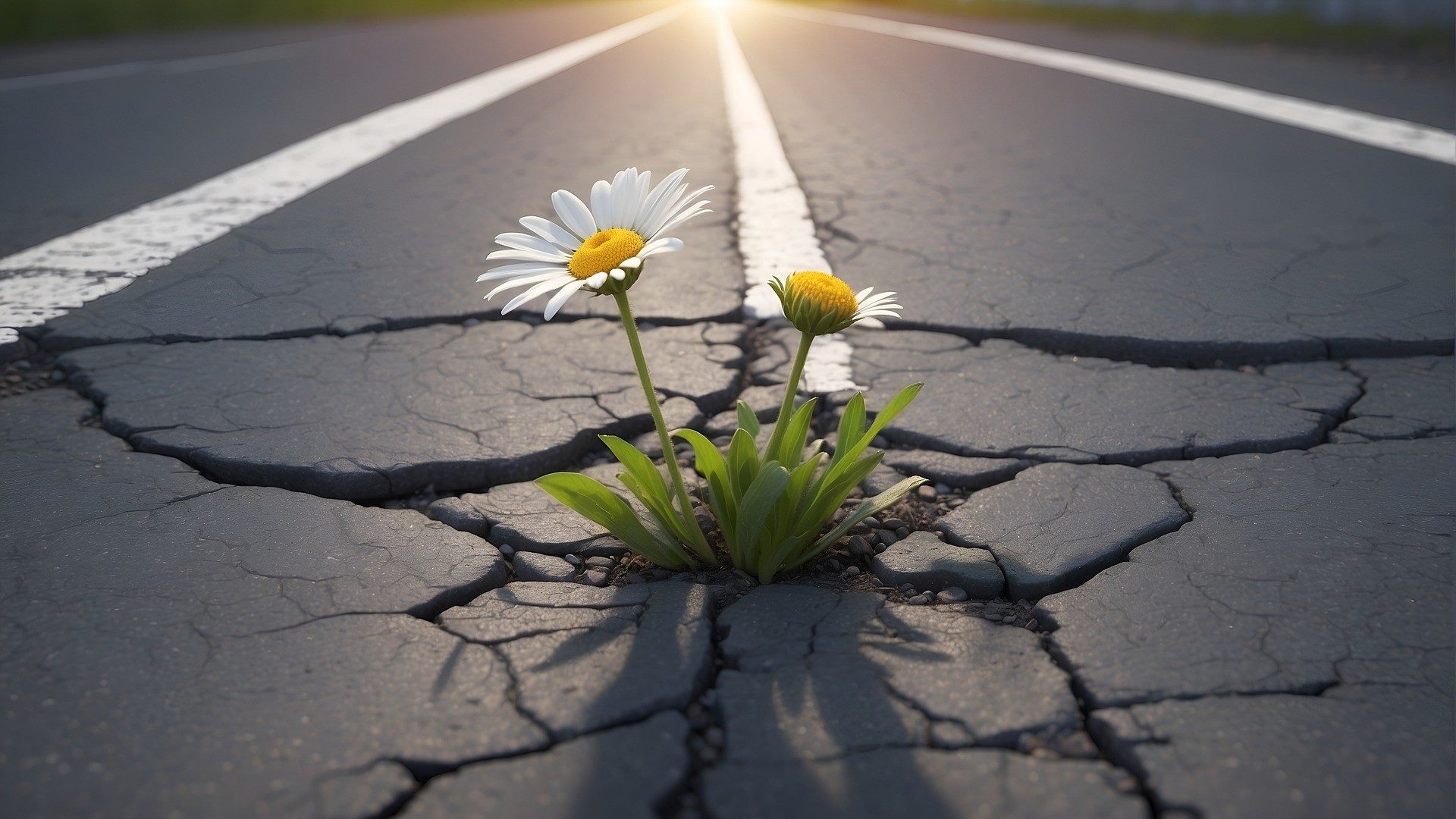 Eine Margerite bricht durch den Asphalt einer alten Straße