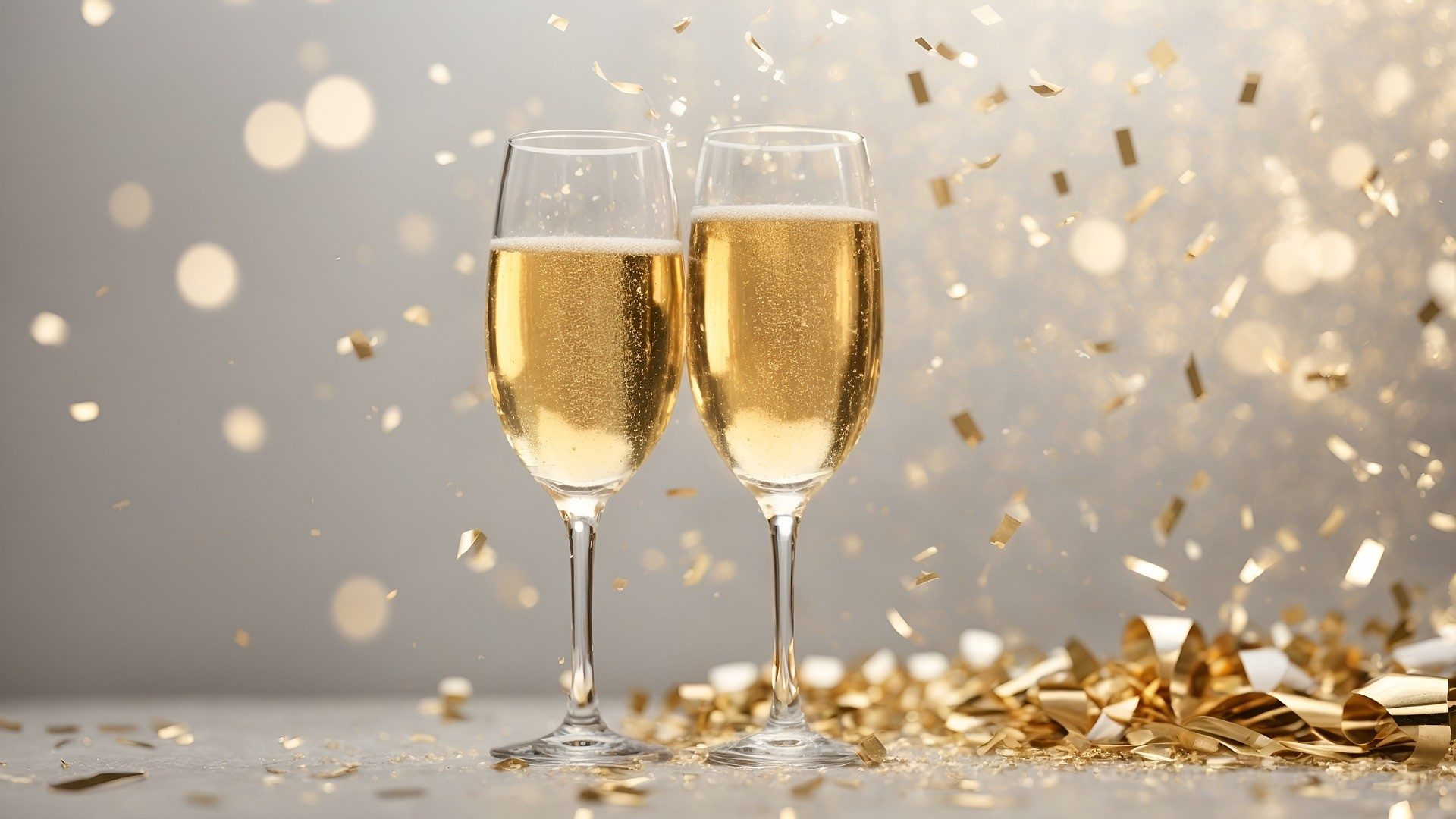 Zwei Champagnergläser stehen in einem Regen aus goldenen Konfetti zum Anstoßen bereit