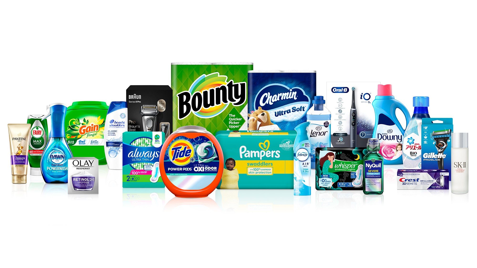 Verschiedene Produkte von Procter&Gamble-Marken, darunter Pampers-Windeln und Braun-Rasierer