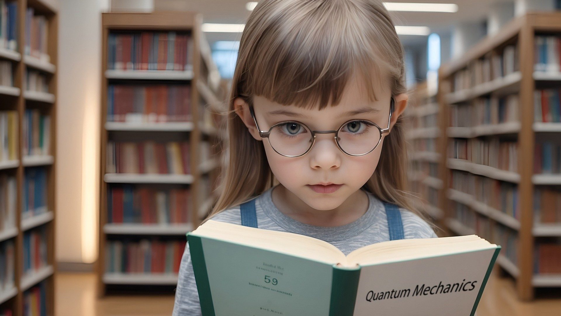 Ein kleines Mädchen in einer Bücherei hält ein Buch über Quantenmechanik in den Händen