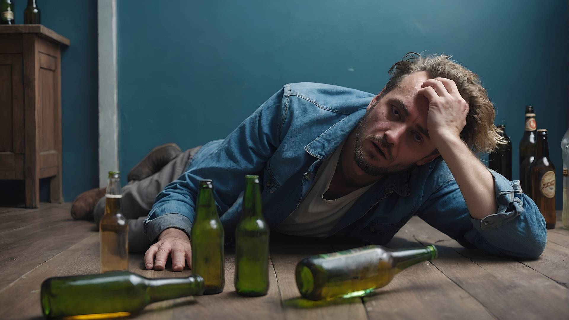 Ein Alkoholiker liegt auf dem Boden, umringt von leeren Glasflaschen