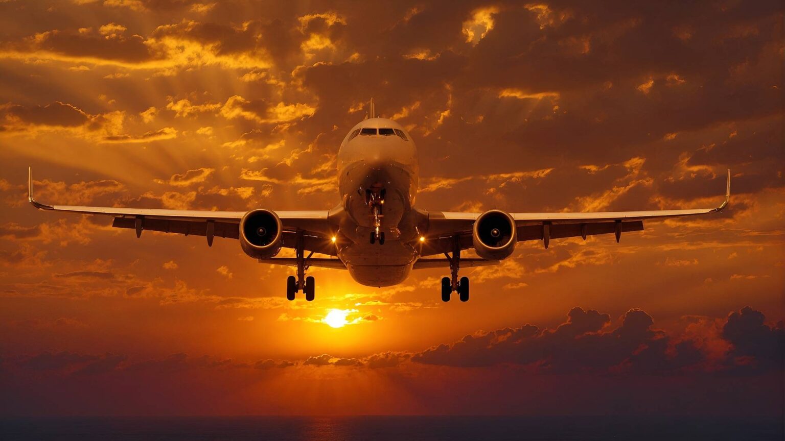 Ein Flugzeug startet in den Sonnenuntergang