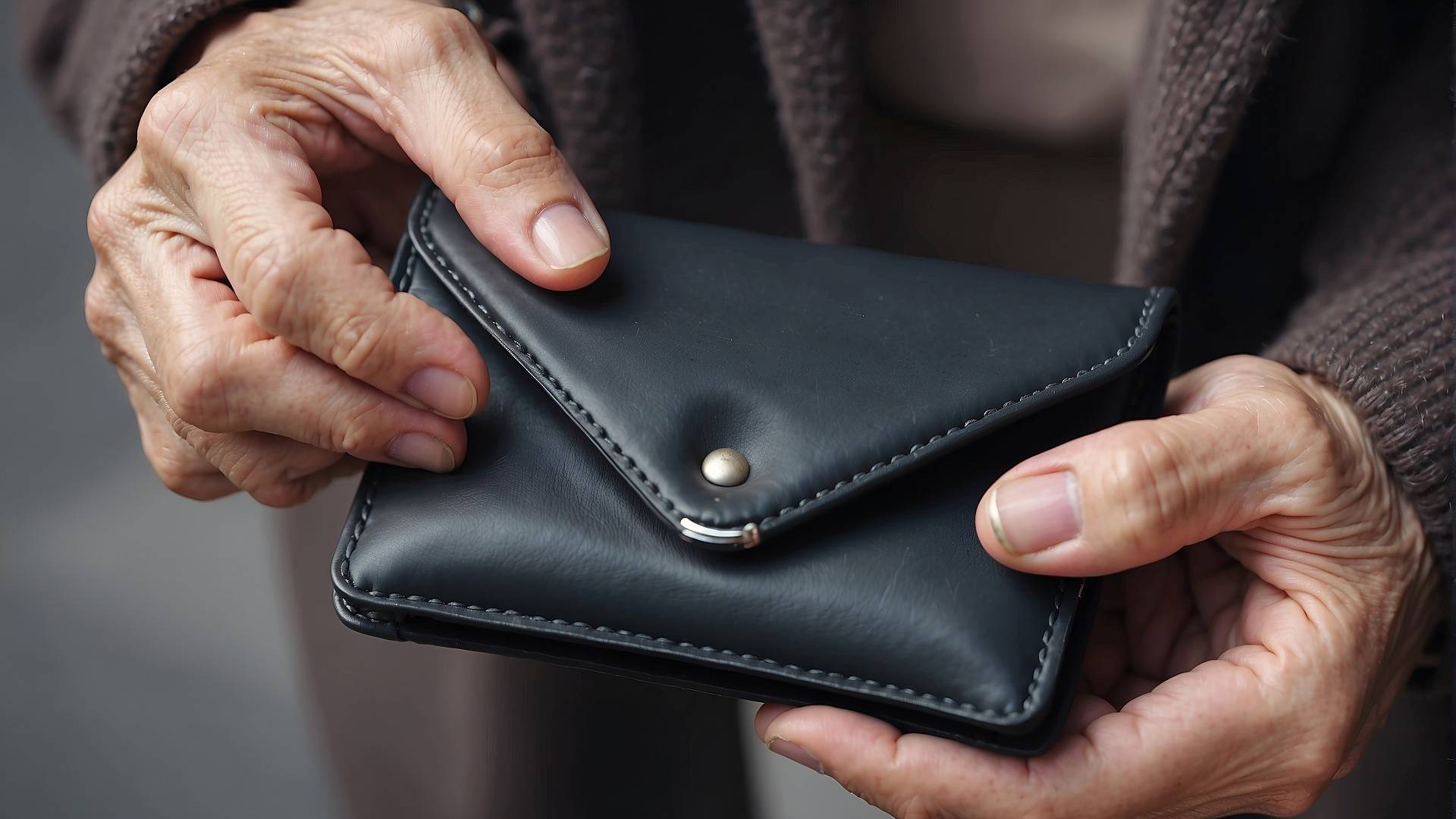 Eine ältere Person hält ein schwarzes Portmonee in den Händen