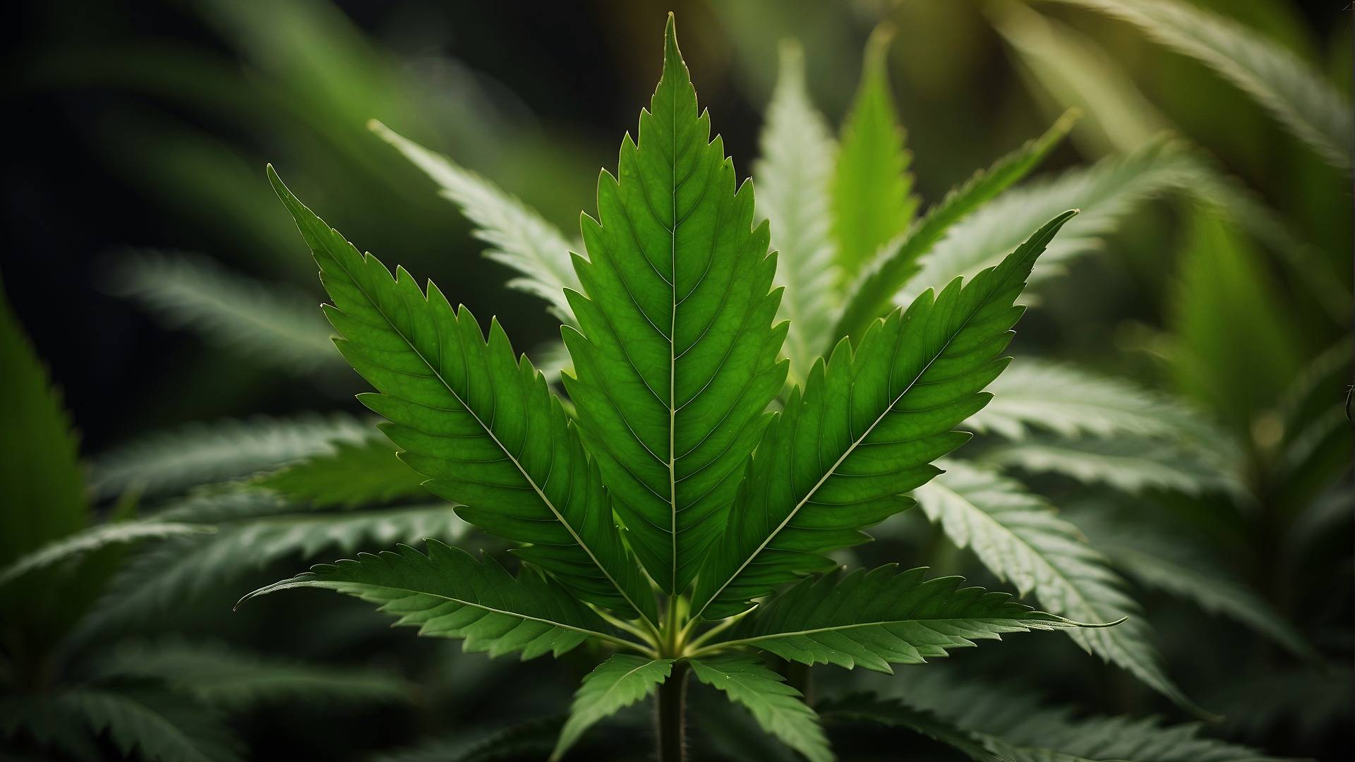 Ein grünes Blatt einer Cannabispflanze in Nahaufnahme